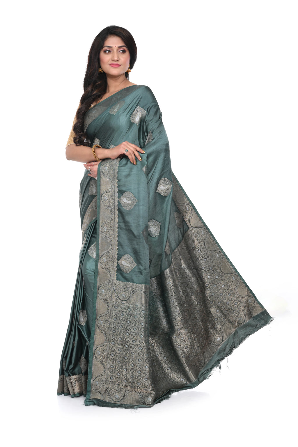 Deep Olive Green Mashru Silk Saree with Antique Zari Border