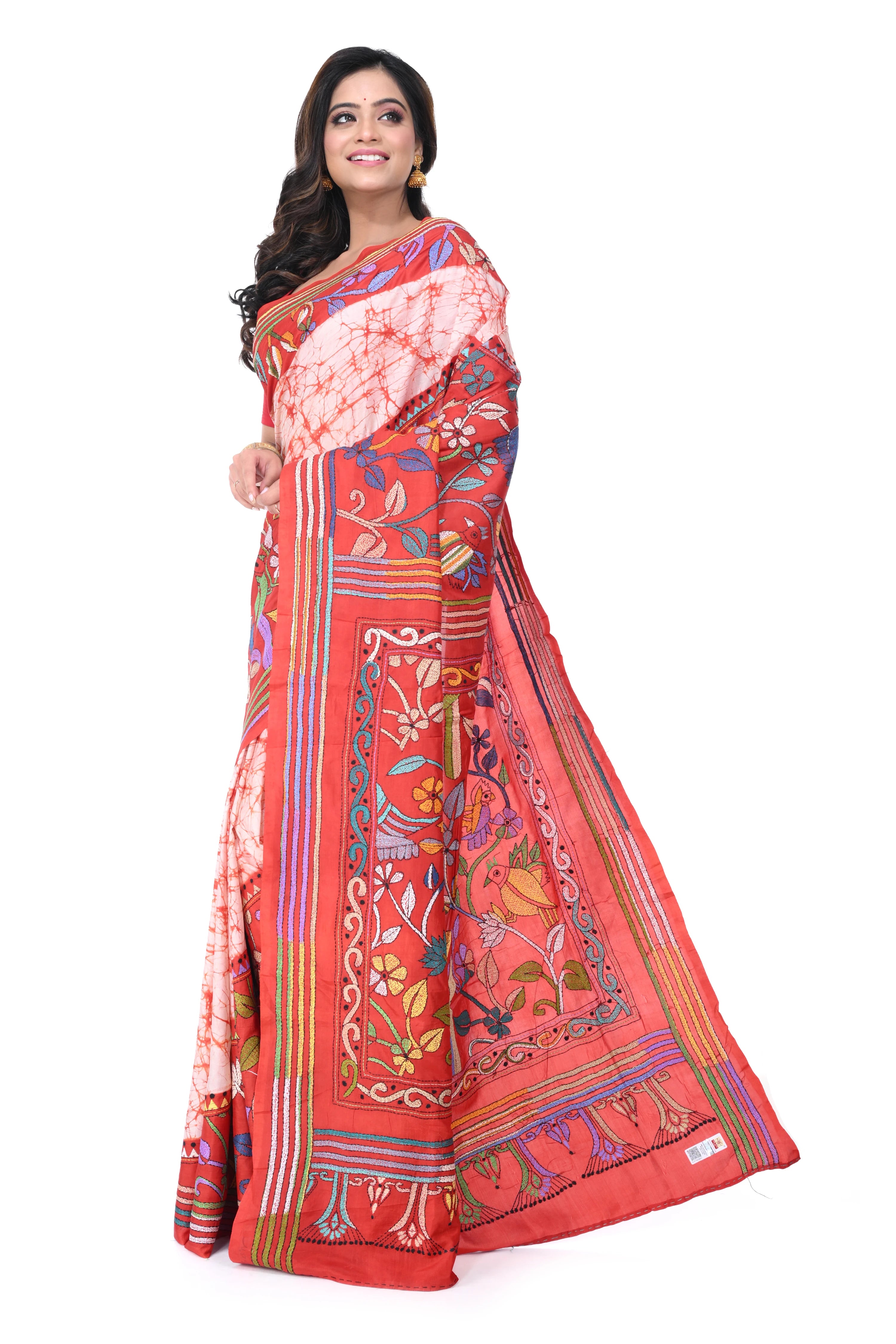 Red & White Kantha Batik Pure Silk Saree with Multicolour Thread Work