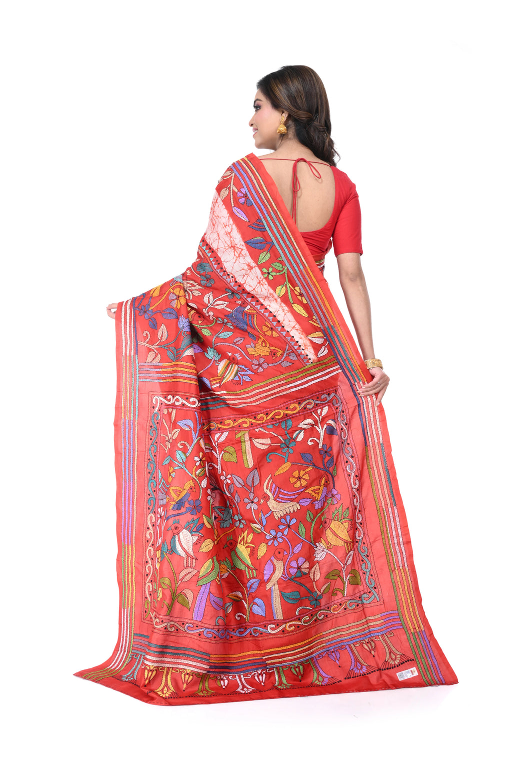 Red & White Kantha Batik Pure Silk Saree with Multicolour Thread Work