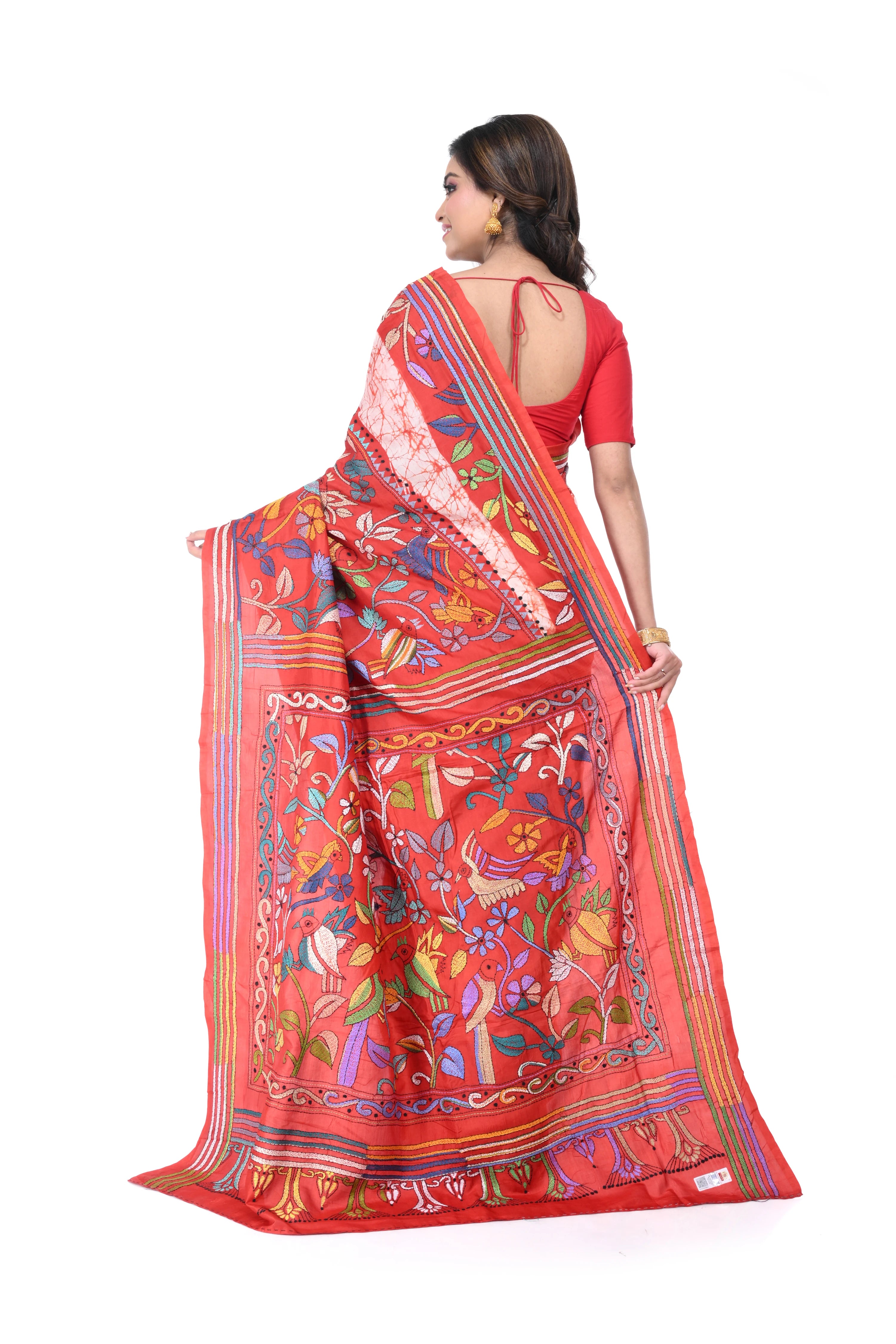 Red & White Kantha Batik Pure Silk Saree with Multicolour Thread Work