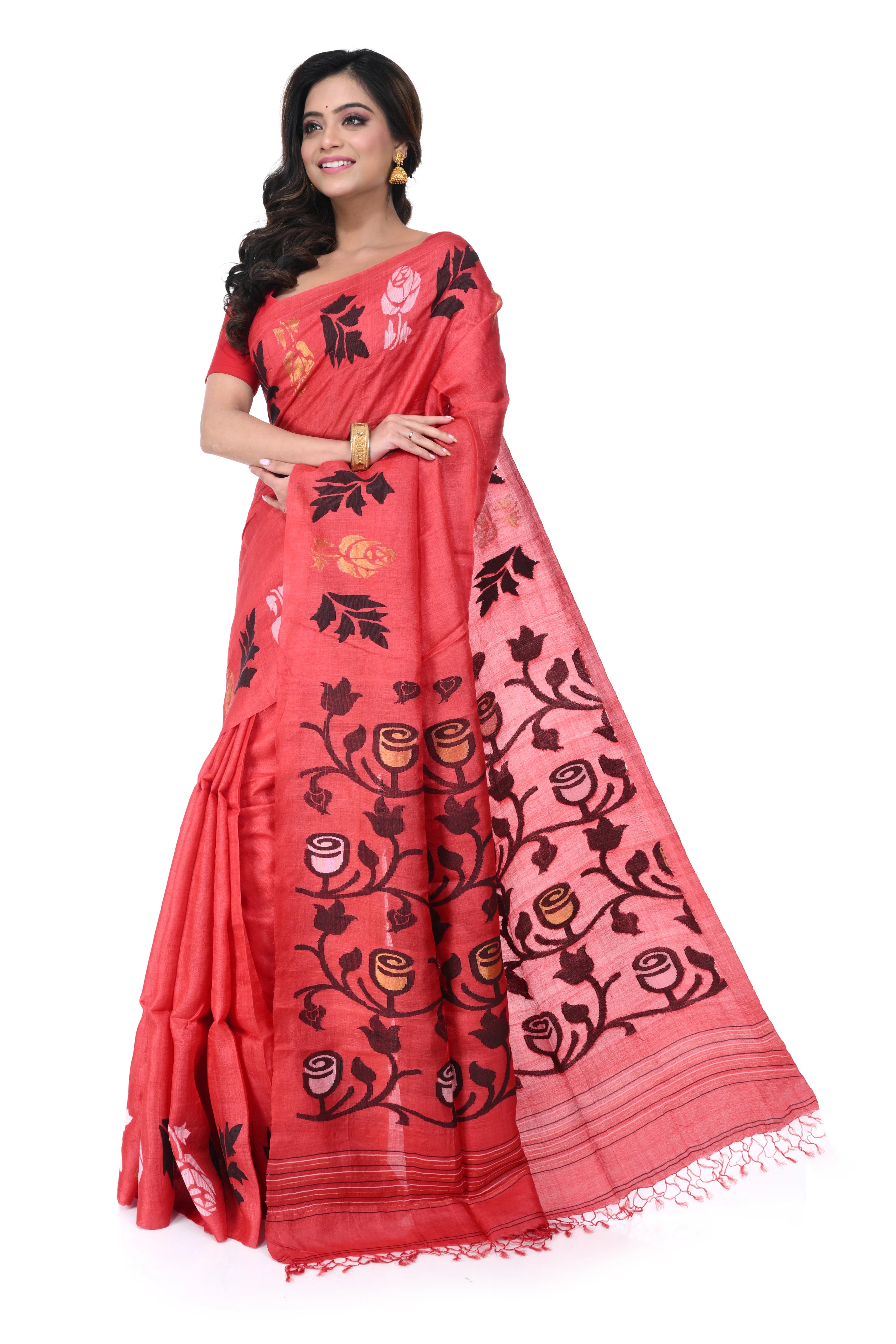 Red Pure Tussar Silk Saree with Rose Motif Needle Work