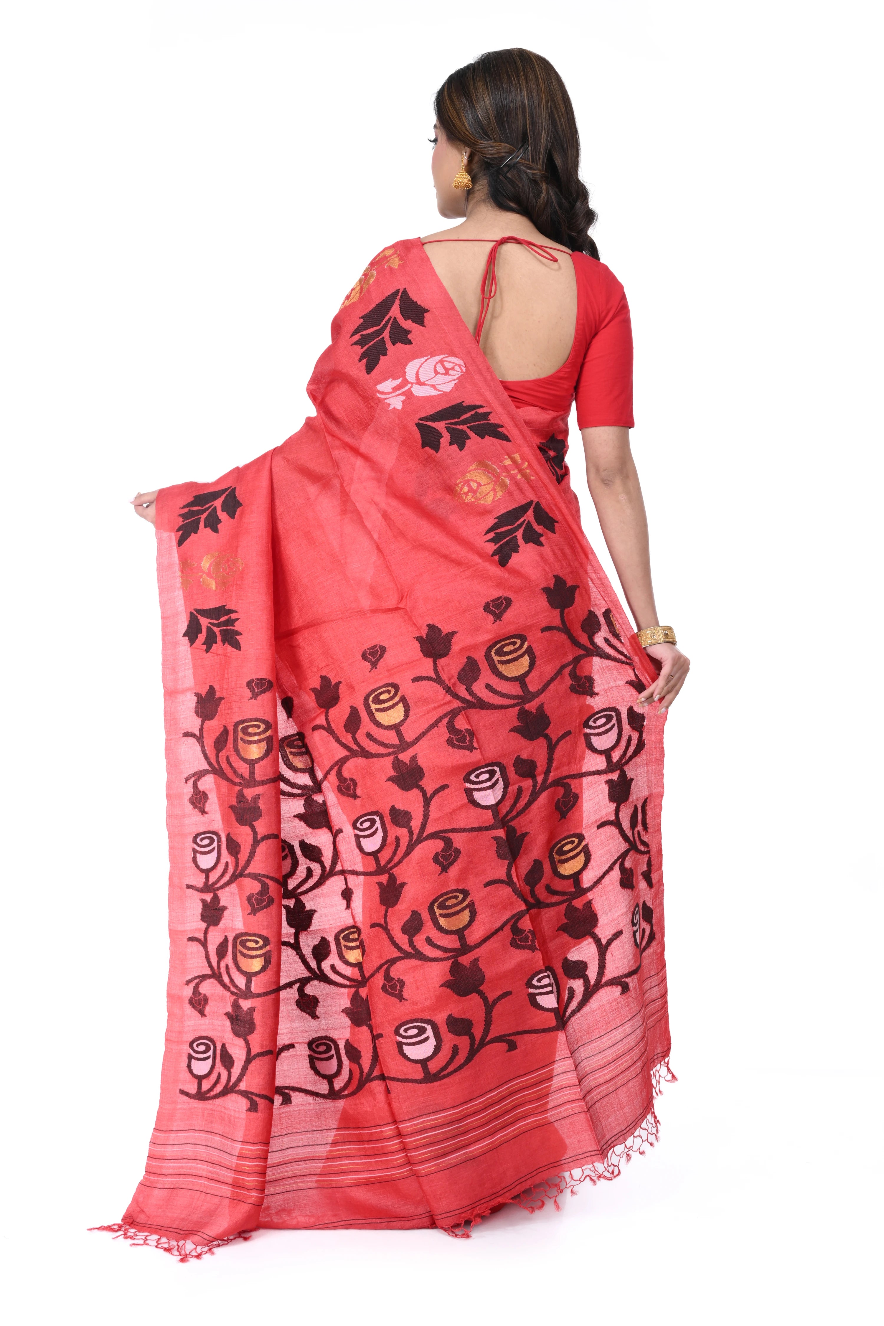 Red Pure Tussar Silk Saree with Rose Motif Needle Work