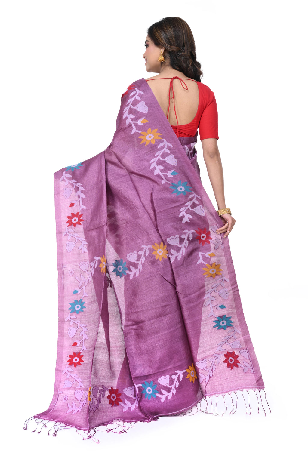 Pink Pure Tussar Silk Saree with Sunflower Motif Needle Work