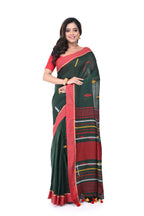 Green Cotton Handloom Saree with Red Border & Multicolour Buta