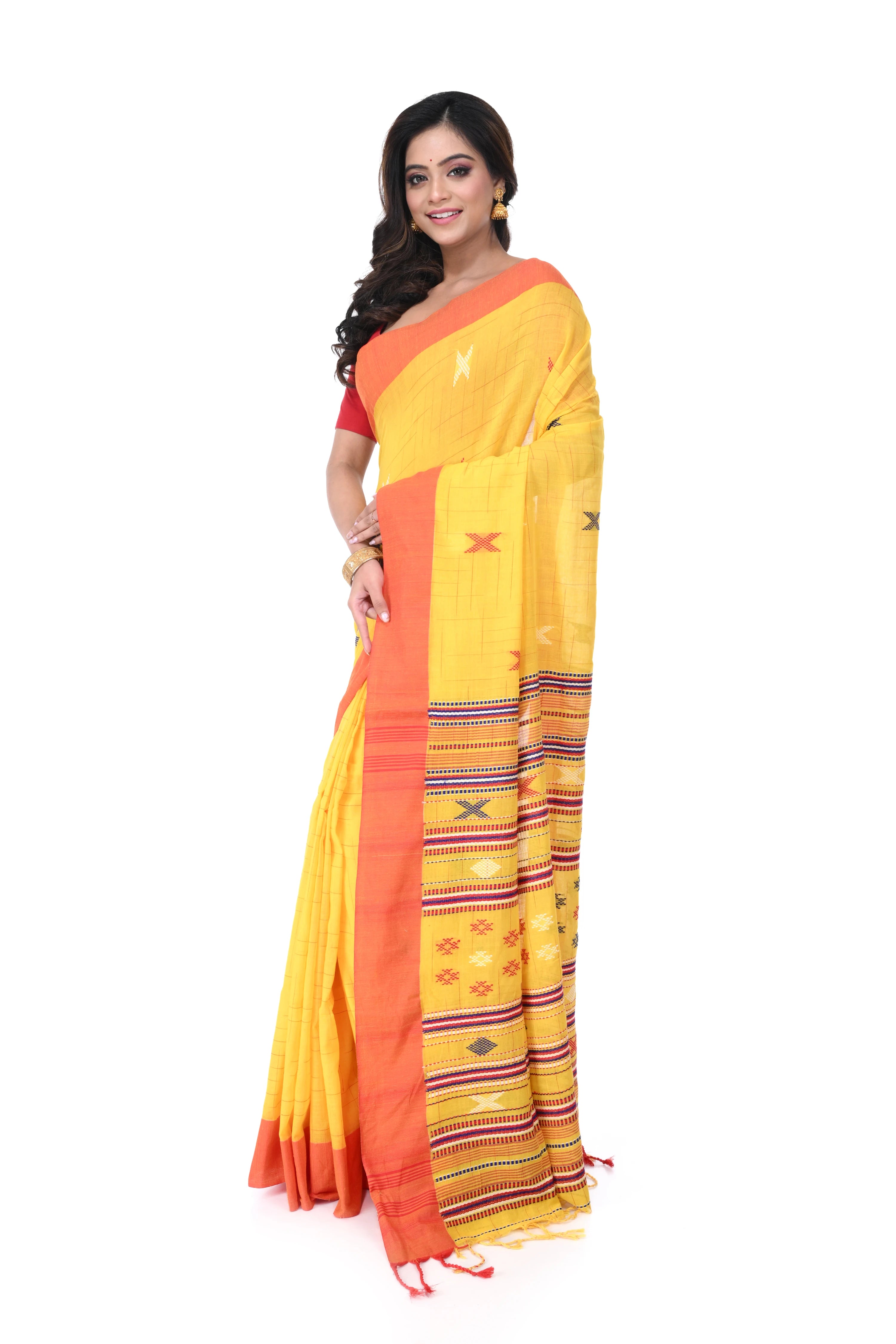 Yellow Handloom Saree with Red Border, Multicolour Buta & Rich Pallu