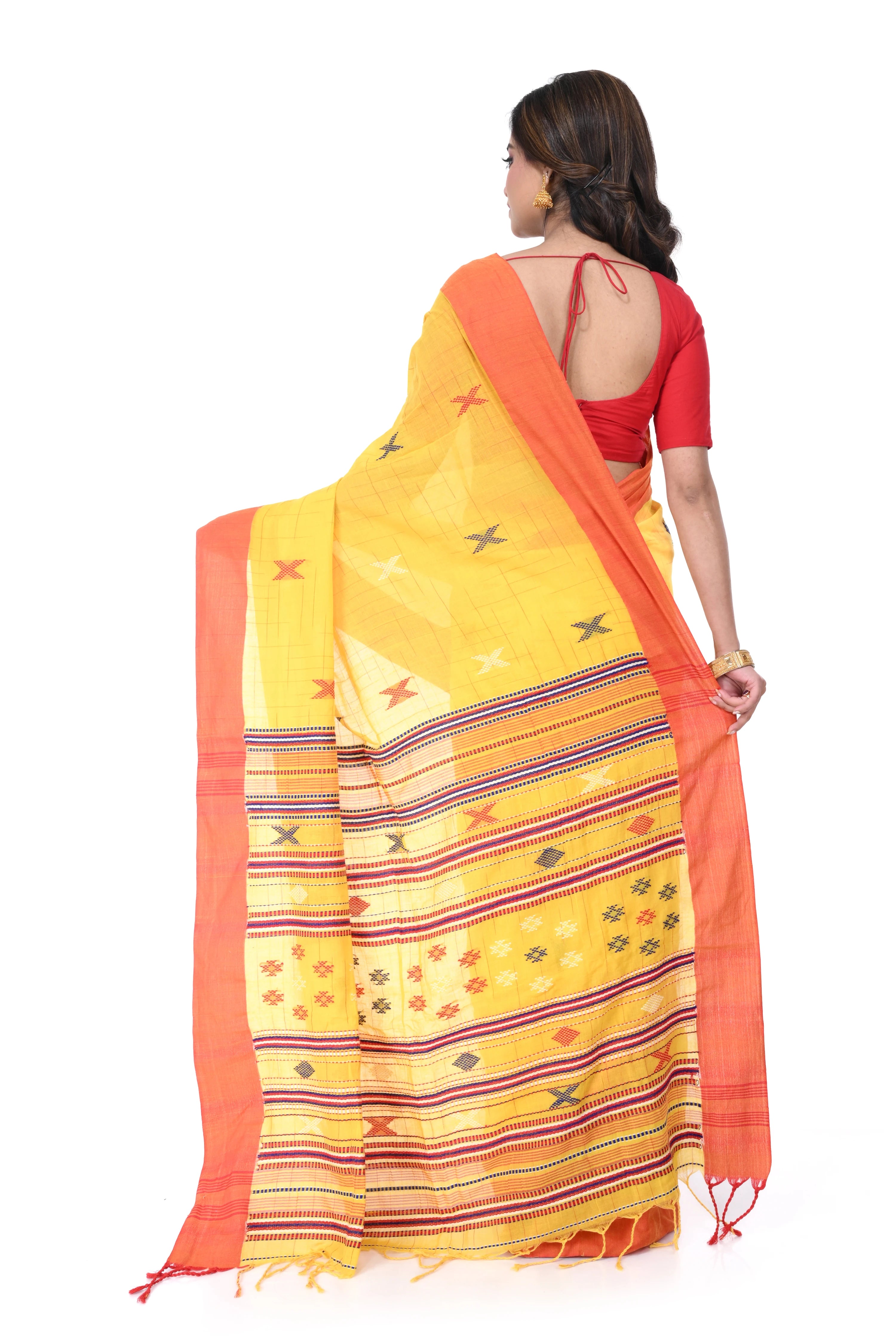 Yellow Handloom Saree with Red Border, Multicolour Buta & Rich Pallu