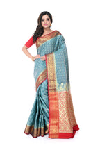 Light Sky Blue Satin Benarasi Saree with Red Border & Zari Pallu