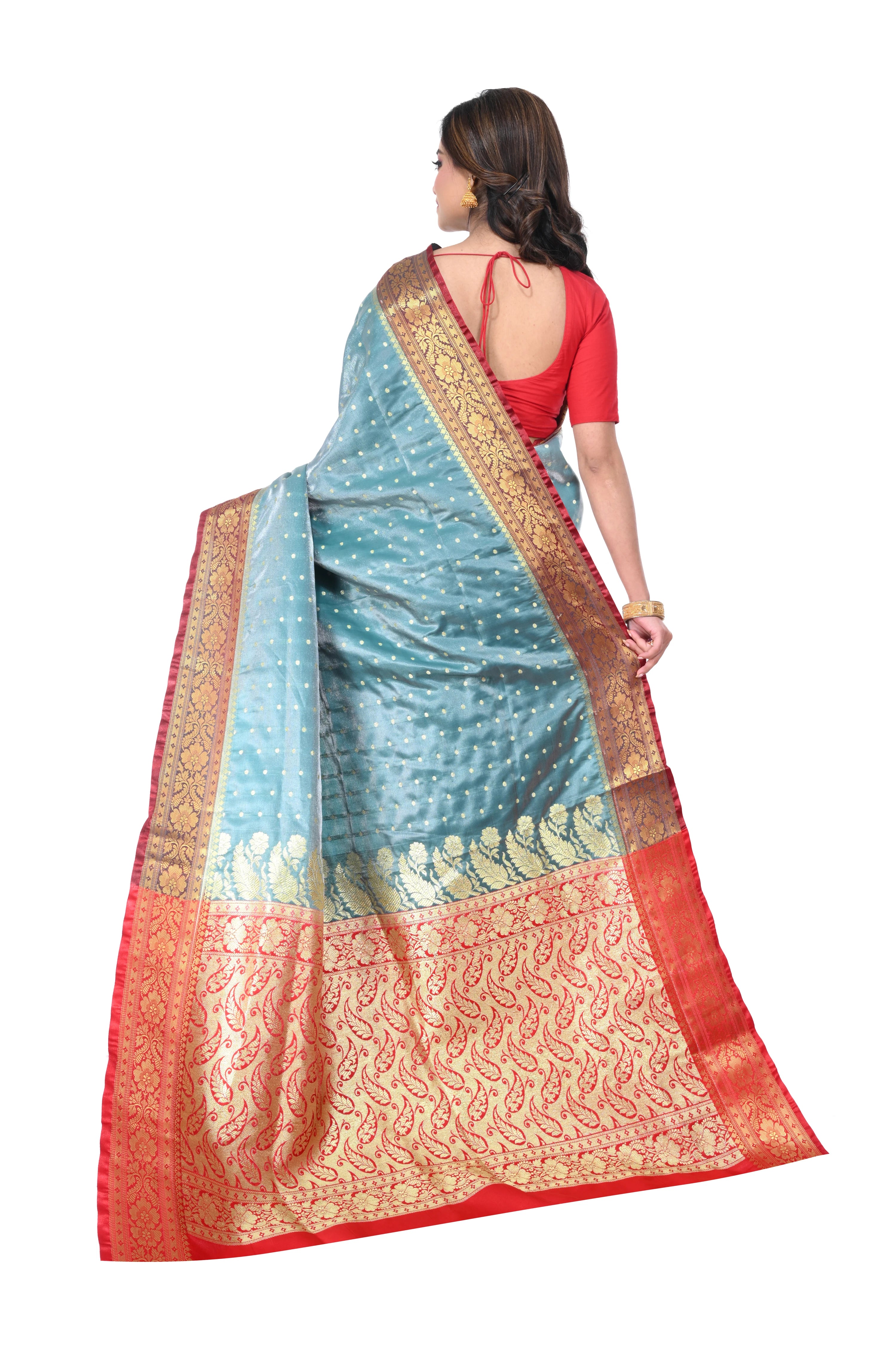Light Sky Blue Satin Benarasi Saree with Red Border & Zari Pallu