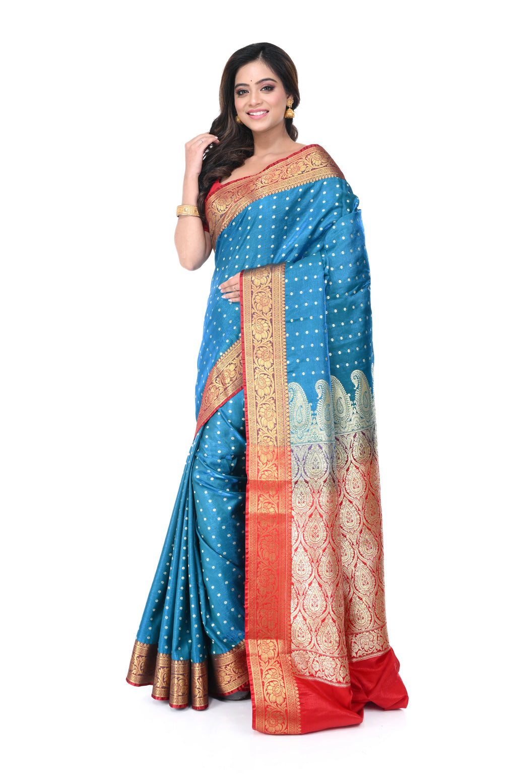 Firozi Satin Benarasi Saree with Red Border & Zari Pallu