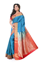 Firozi Satin Benarasi Saree with Red Border & Zari Pallu