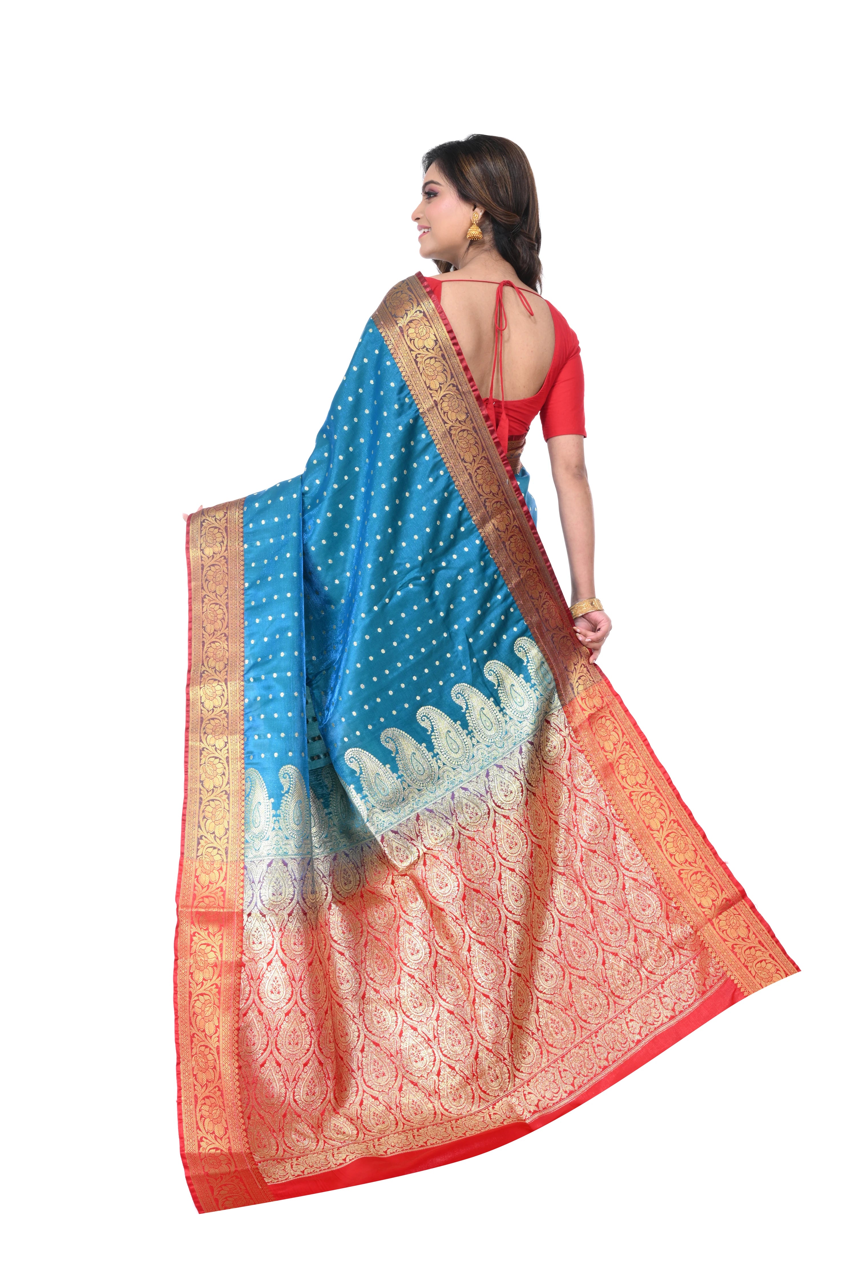 Firozi Satin Benarasi Saree with Red Border & Zari Pallu