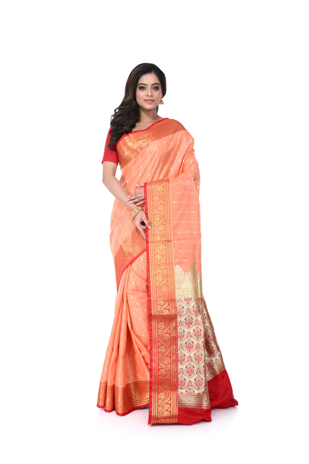 Pink Satin Benarasi Saree with Red Border & Zari Pallu