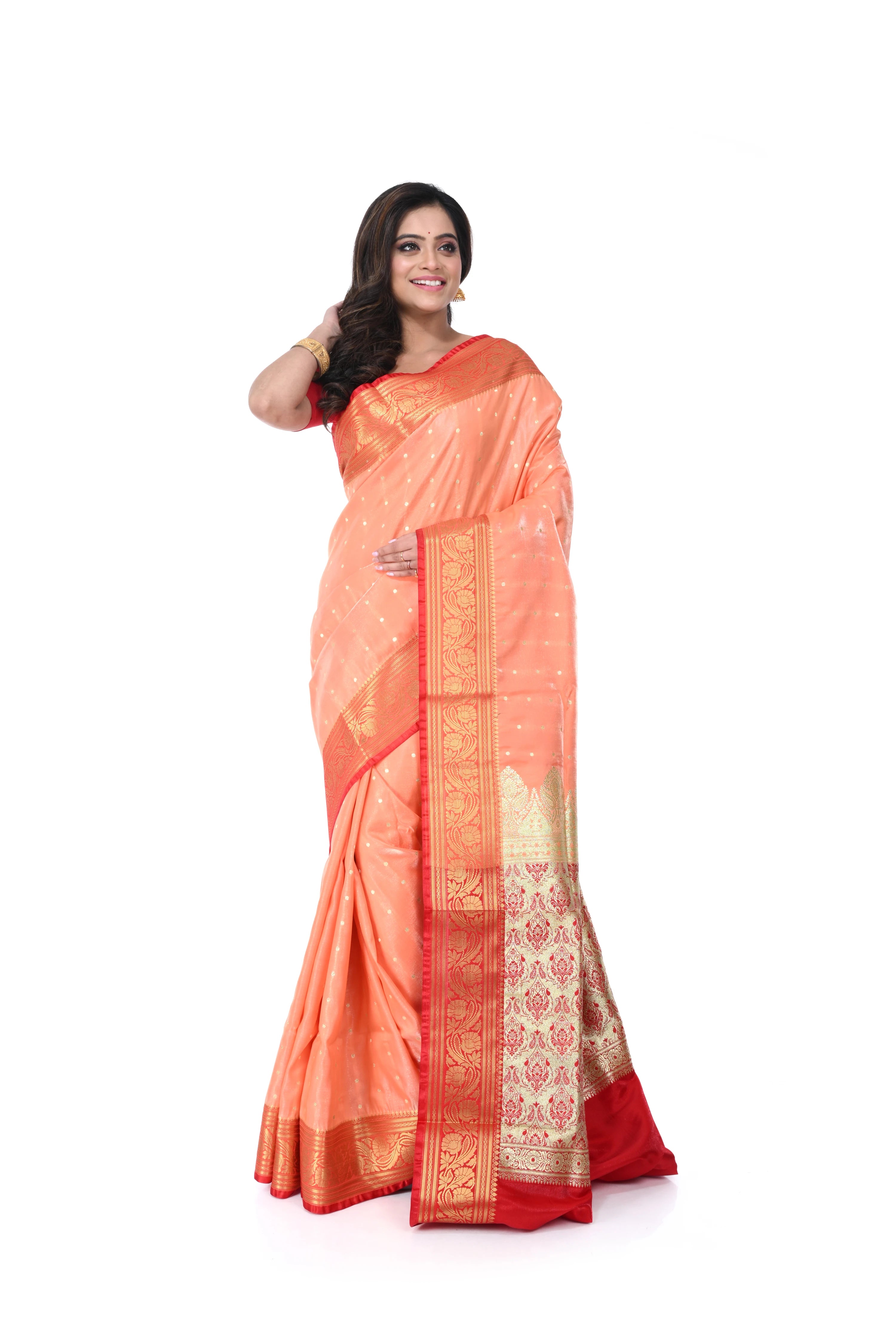 Pink Satin Benarasi Saree with Red Border & Zari Pallu