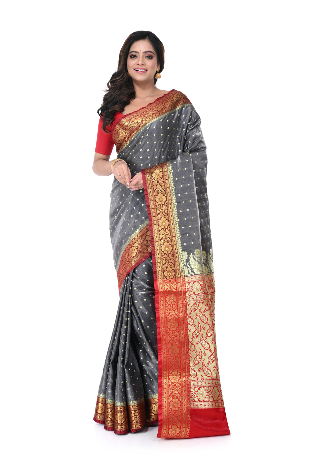 Charcoal Grey Satin Benarasi Saree with Red Border & Zari Pallu