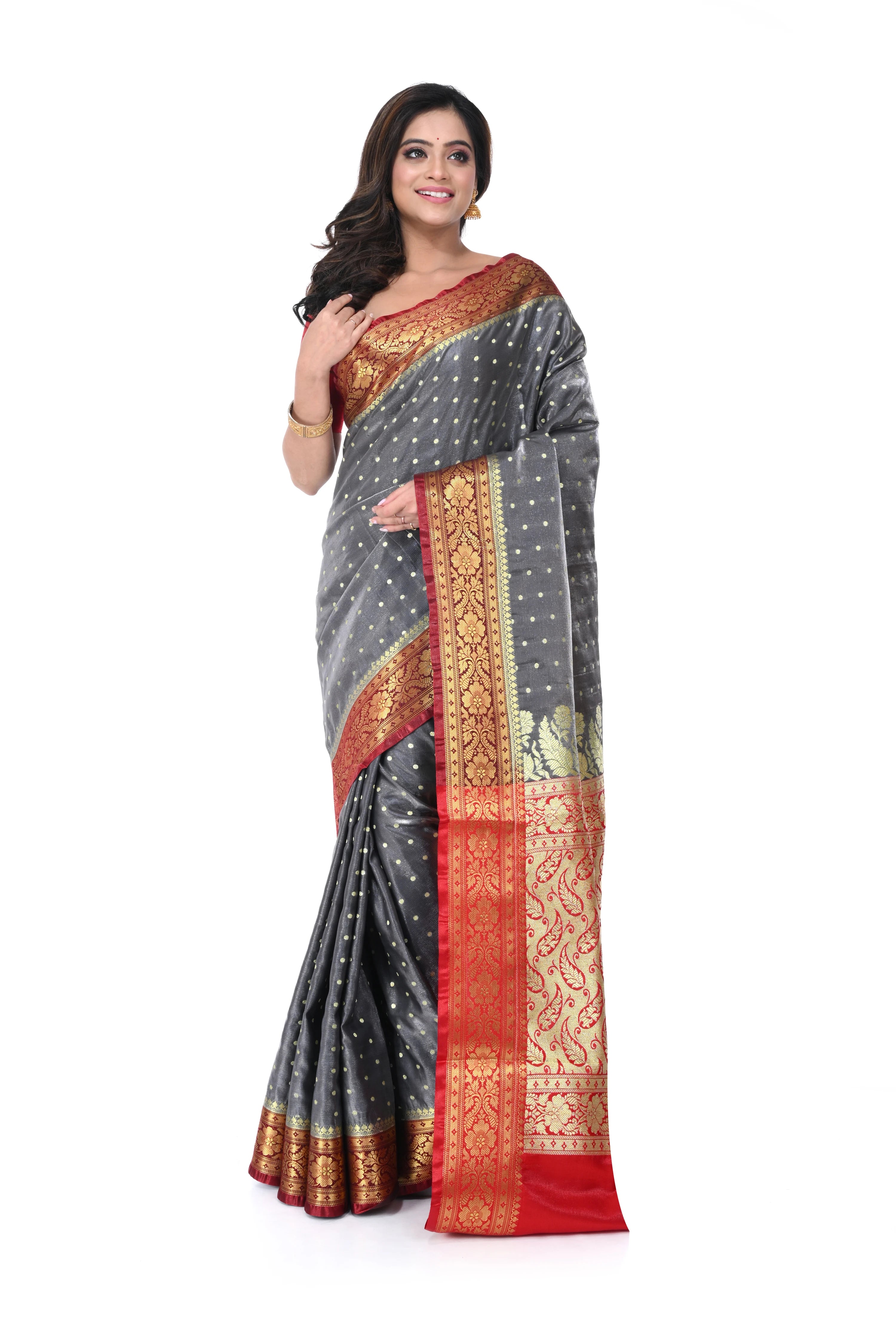 Charcoal Grey Satin Benarasi Saree with Red Border & Zari Pallu