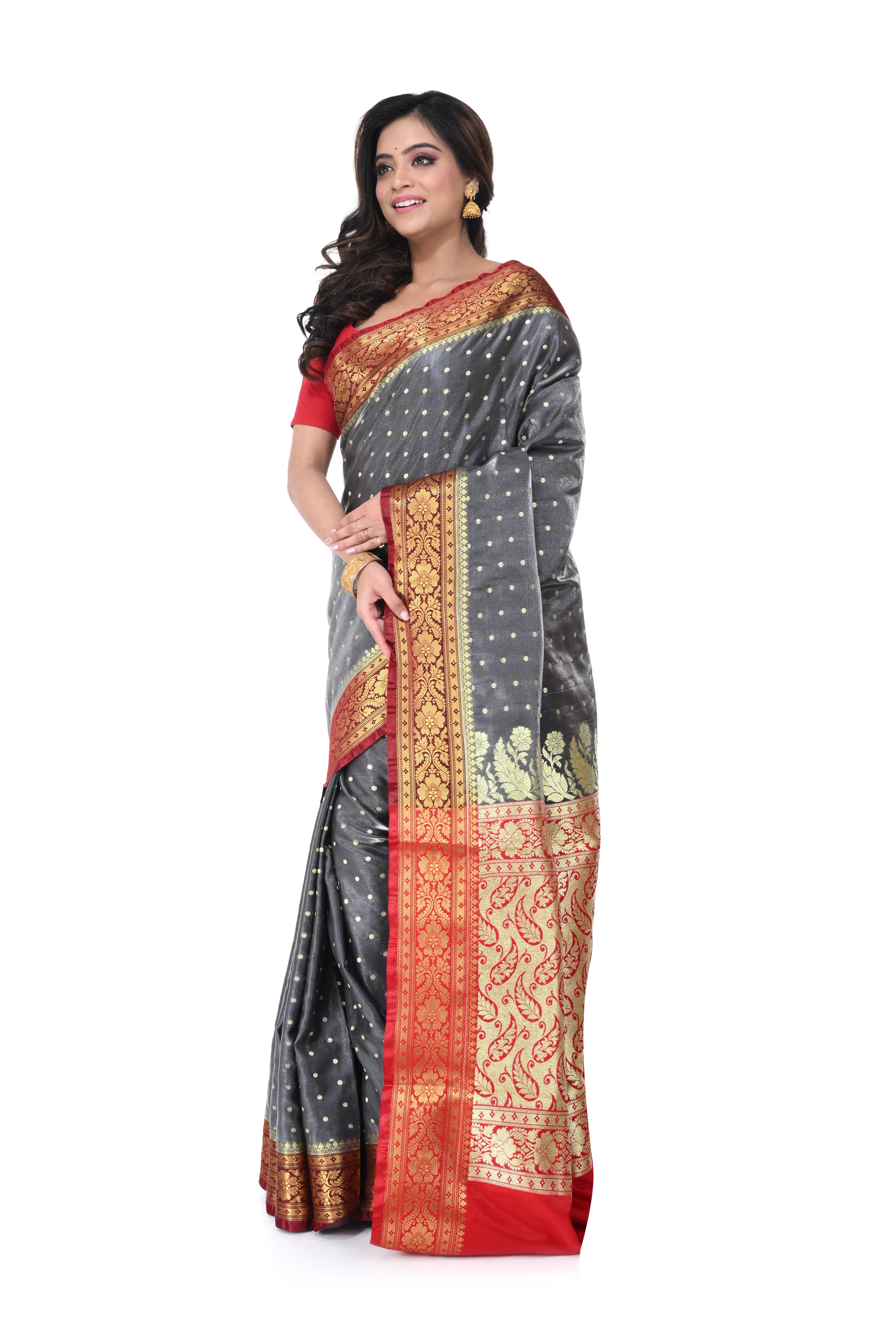 Charcoal Grey Satin Benarasi Saree with Red Border & Zari Pallu