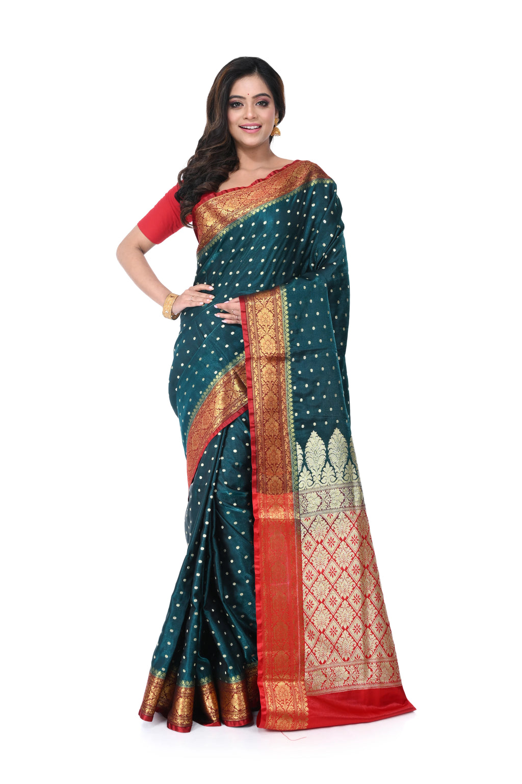 Bright Green Satin Benarasi Saree with Red Border & Zari Pallu