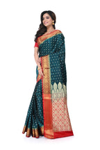 Bright Green Satin Benarasi Saree with Red Border & Zari Pallu
