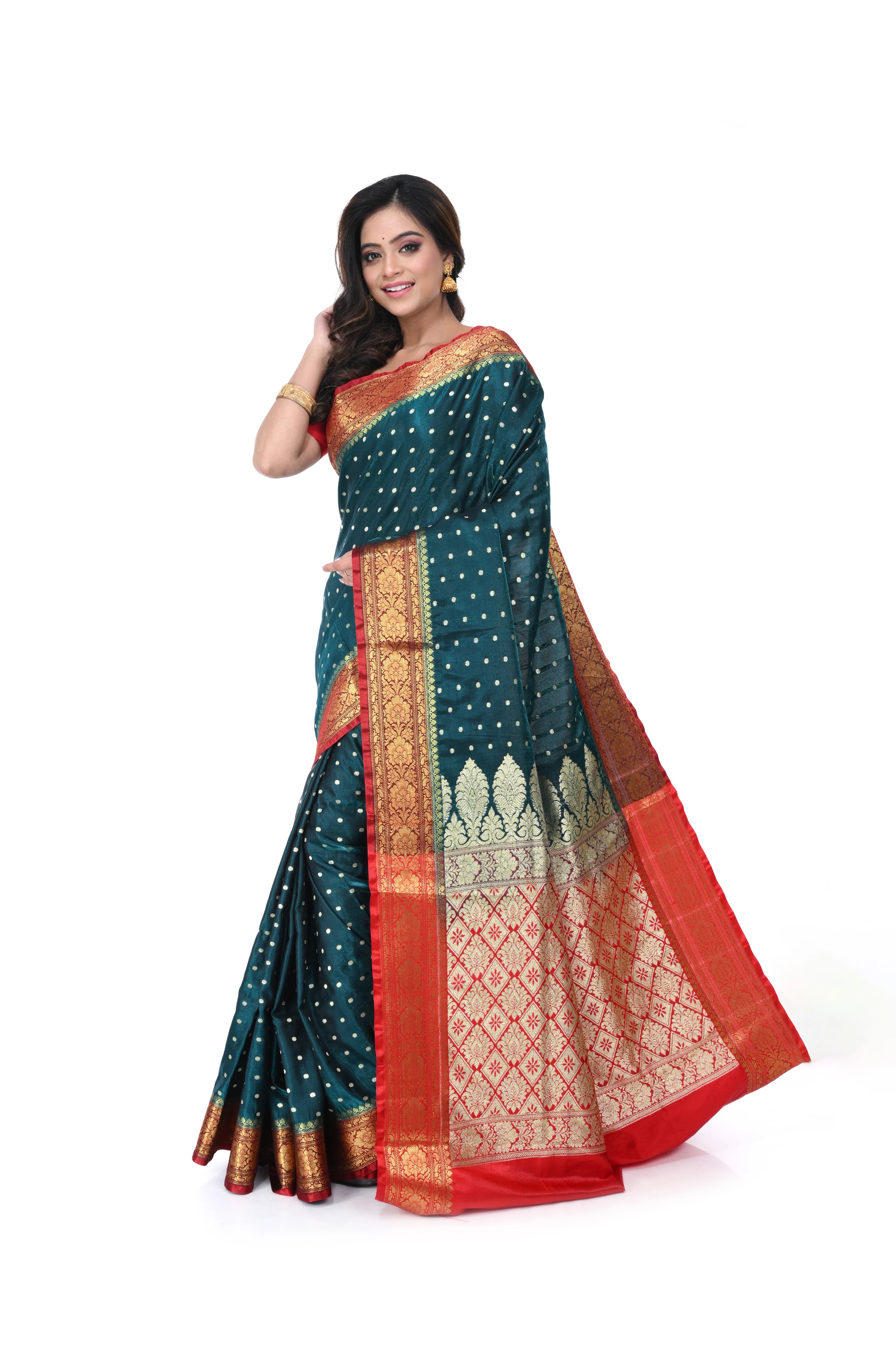 Bright Green Satin Benarasi Saree with Red Border & Zari Pallu