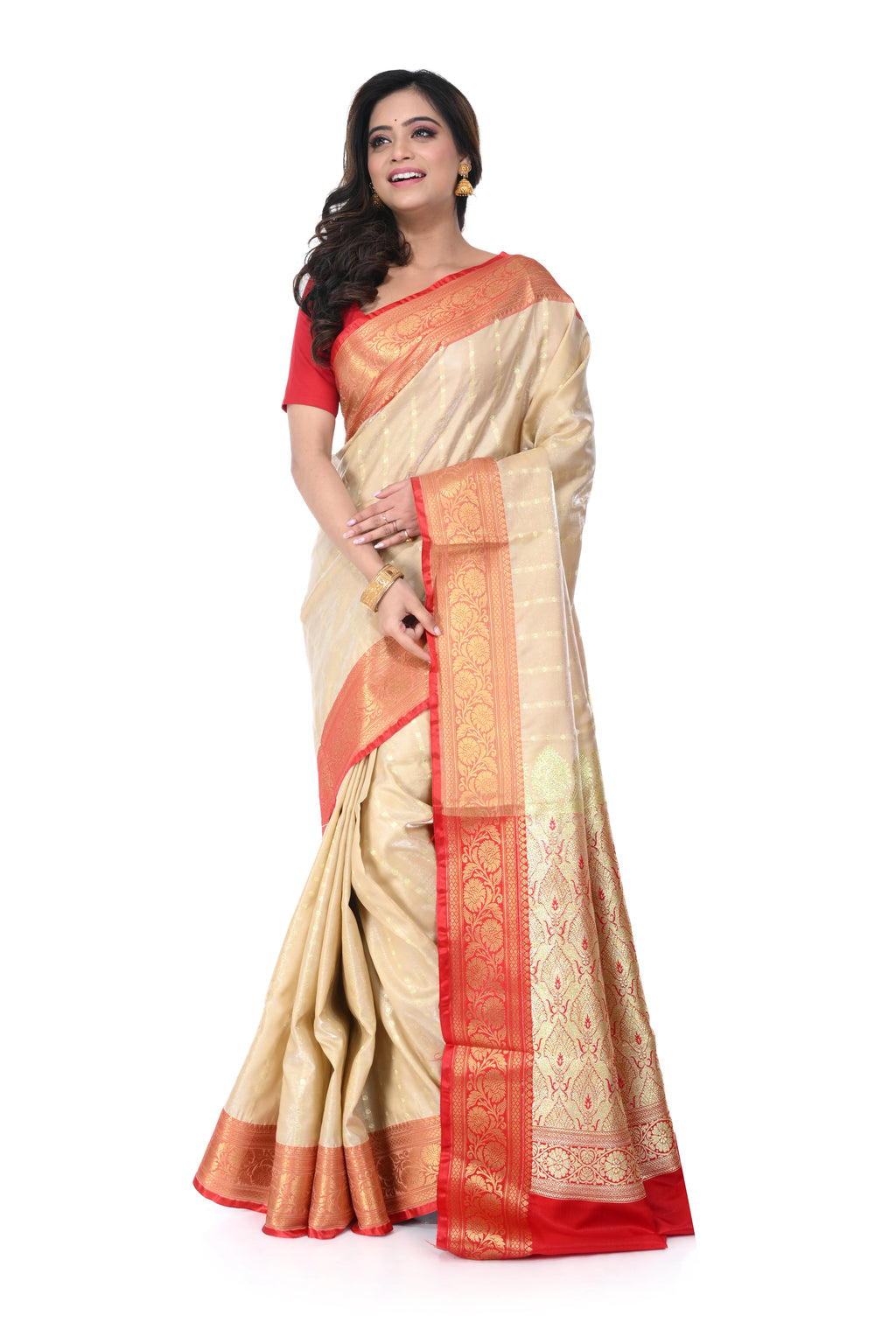 Tussar - Coloured Satin Benarasi Saree with Red Border & Zari Pallu