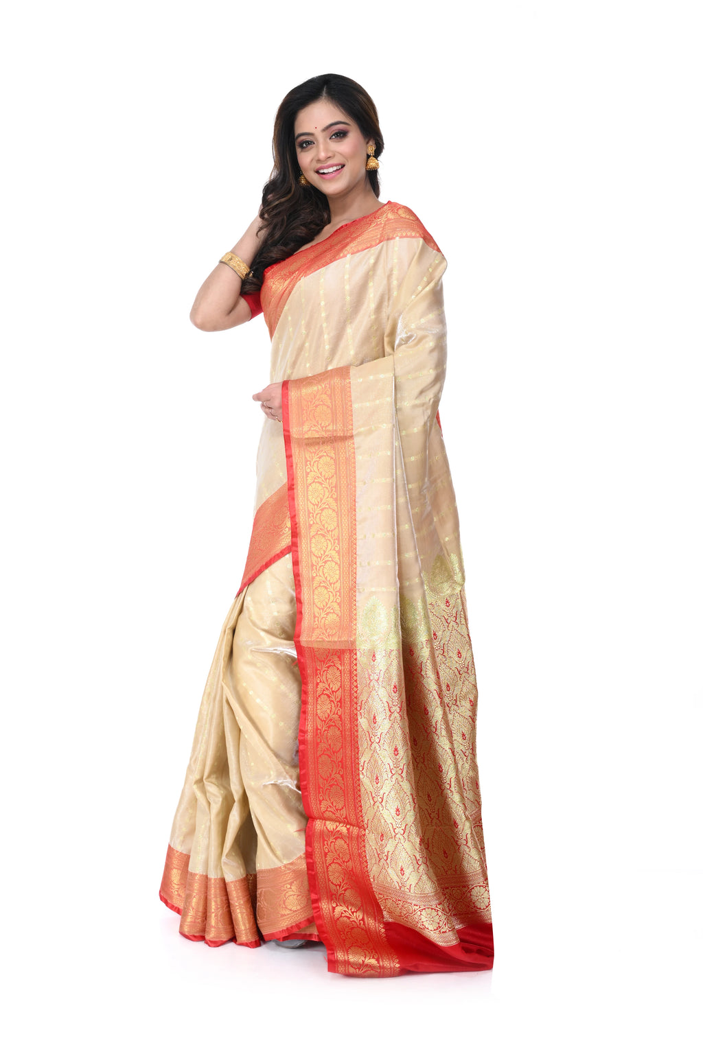 Tussar - Coloured Satin Benarasi Saree with Red Border & Zari Pallu