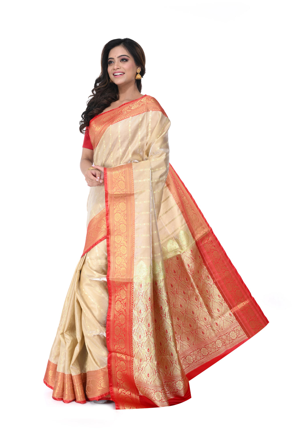 Tussar - Coloured Satin Benarasi Saree with Red Border & Zari Pallu
