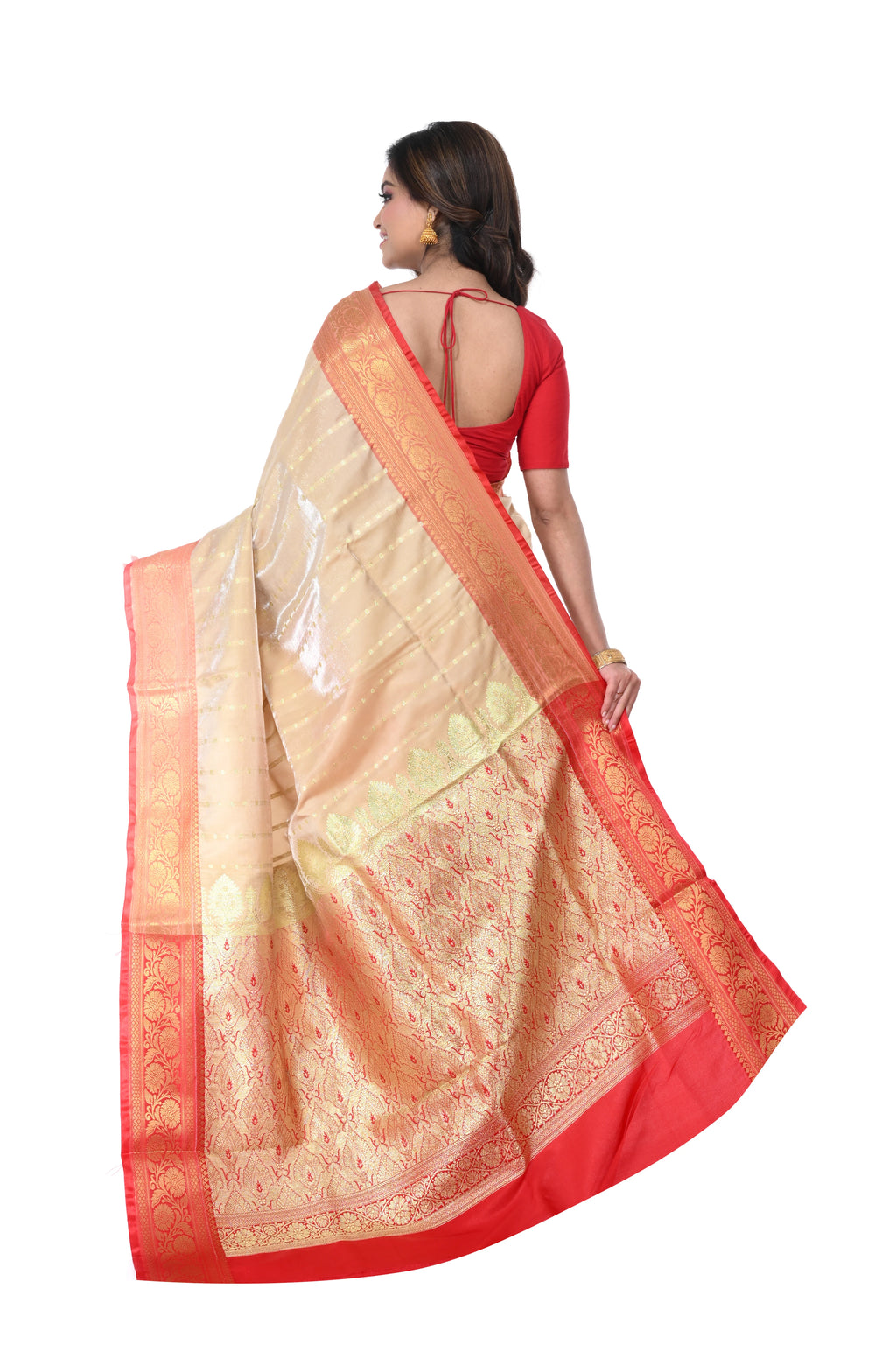 Tussar - Coloured Satin Benarasi Saree with Red Border & Zari Pallu