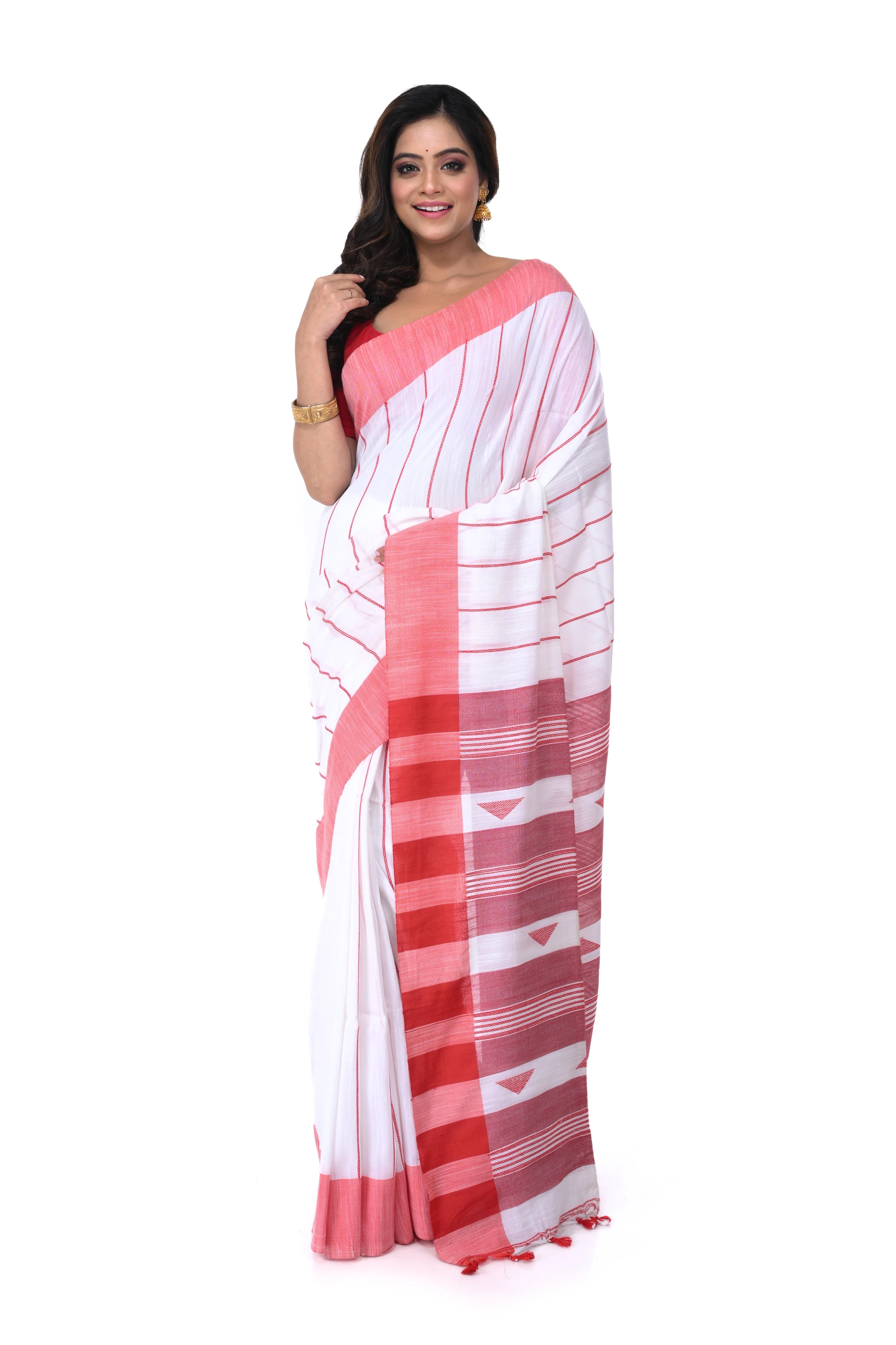 White Cotton Handloom Saree with Red Border & Vertical Weaving Pattern