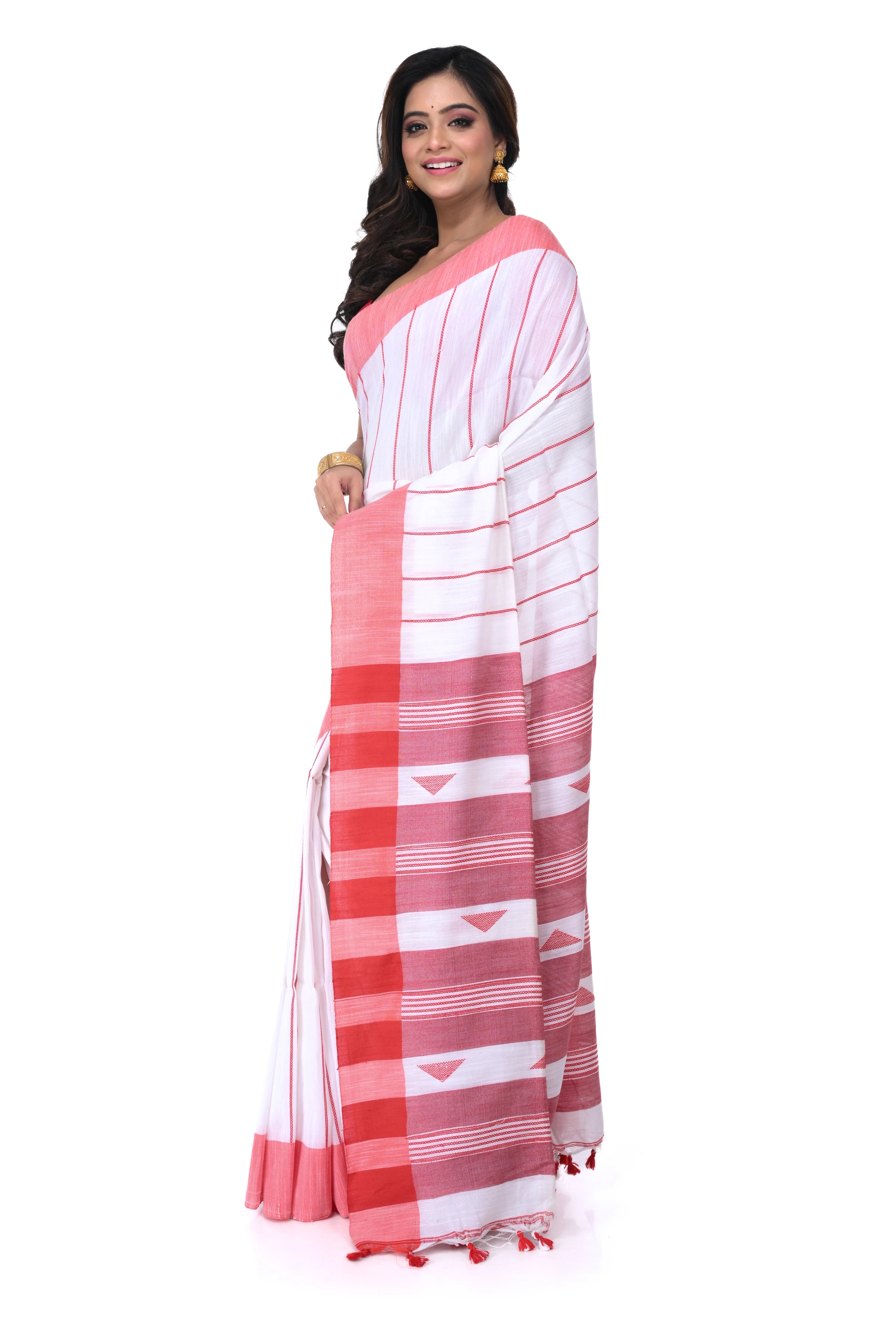 White Cotton Handloom Saree with Red Border & Vertical Weaving Pattern