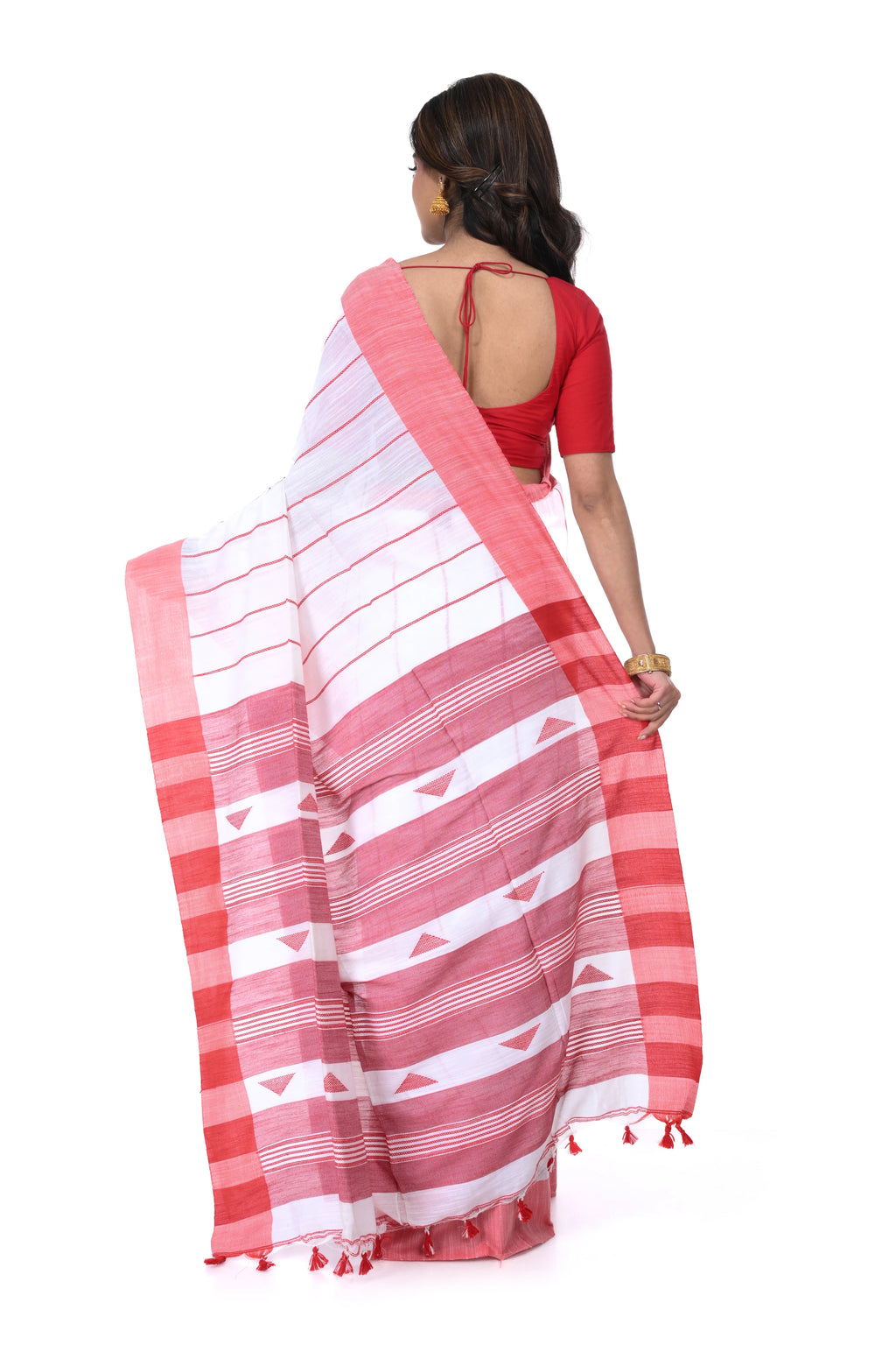 White Cotton Handloom Saree with Red Border & Vertical Weaving Pattern