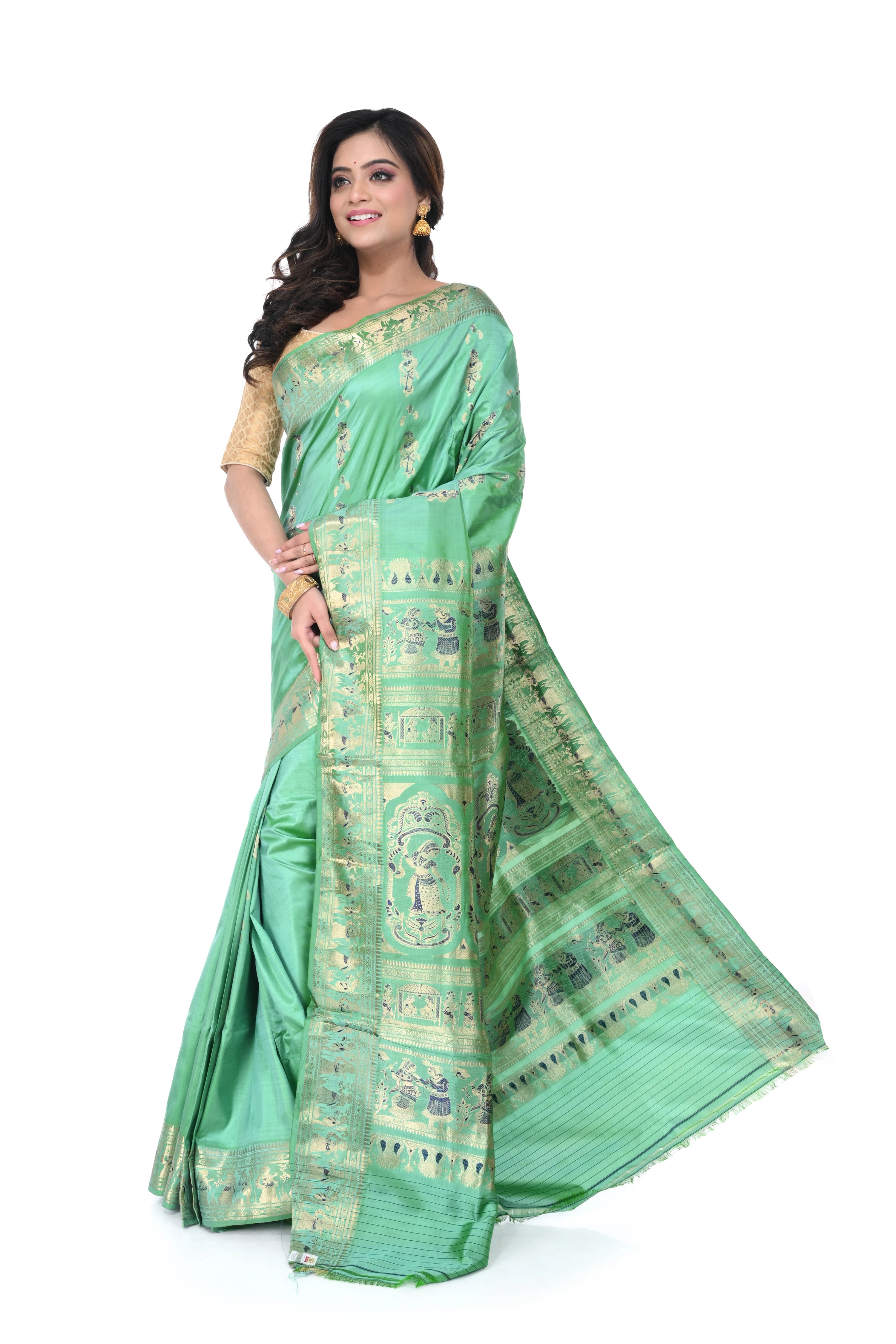 Pista Green Swarnachari Saree with Blue Meenakari Work