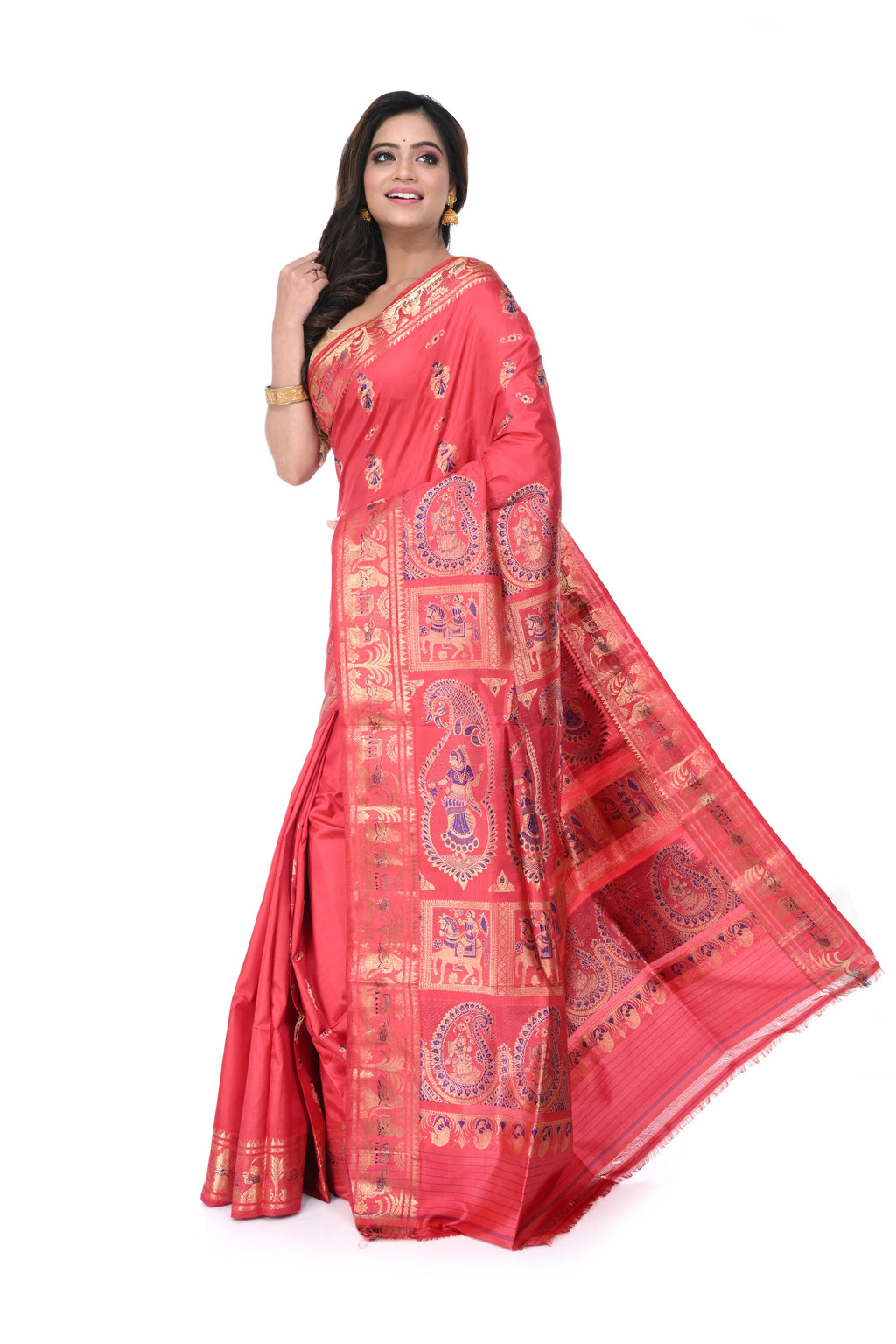 Orange - Pink Dual Tone Swarnachari Saree with Blue Meenakari Work