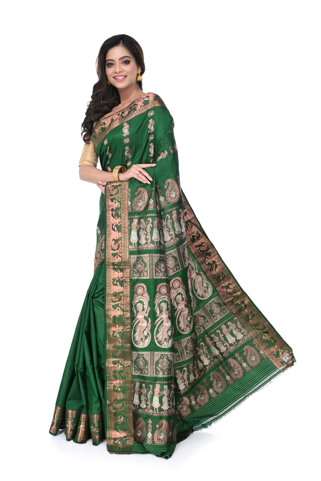 Green Swarnachari Saree with Copper Zari Meenakari Work
