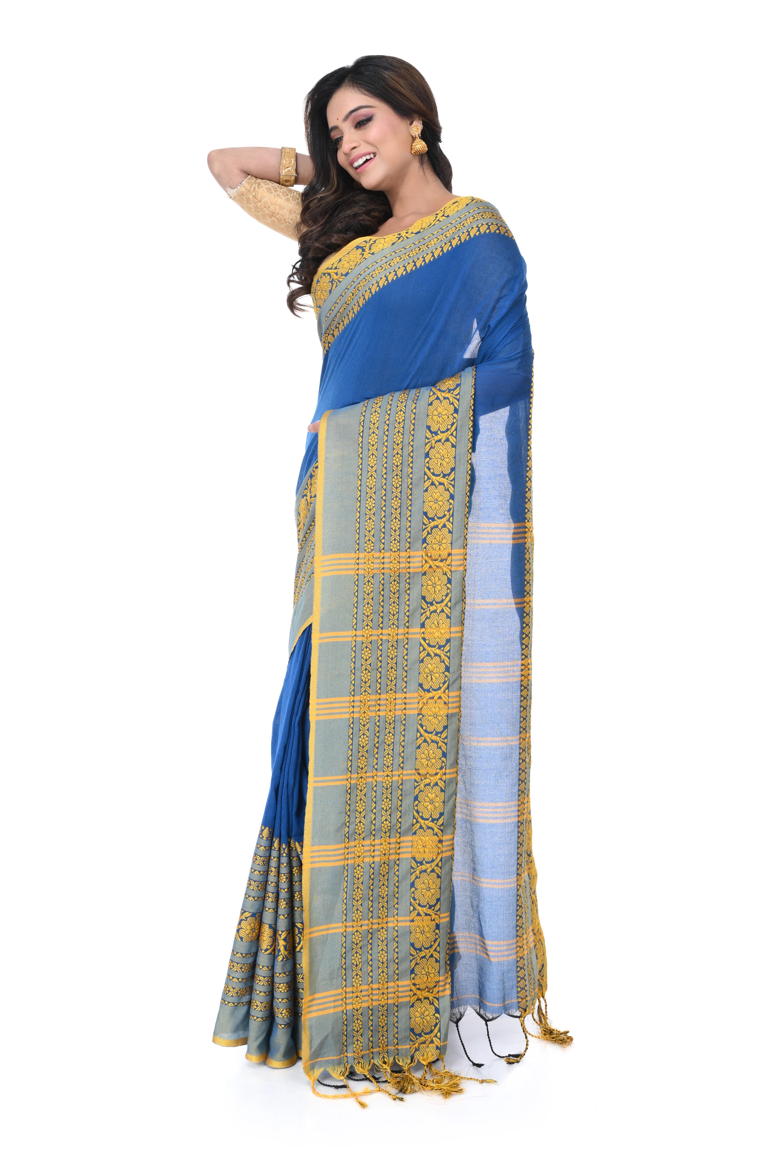 Peacock Blue Cotton Handloom Saree with Muga Par