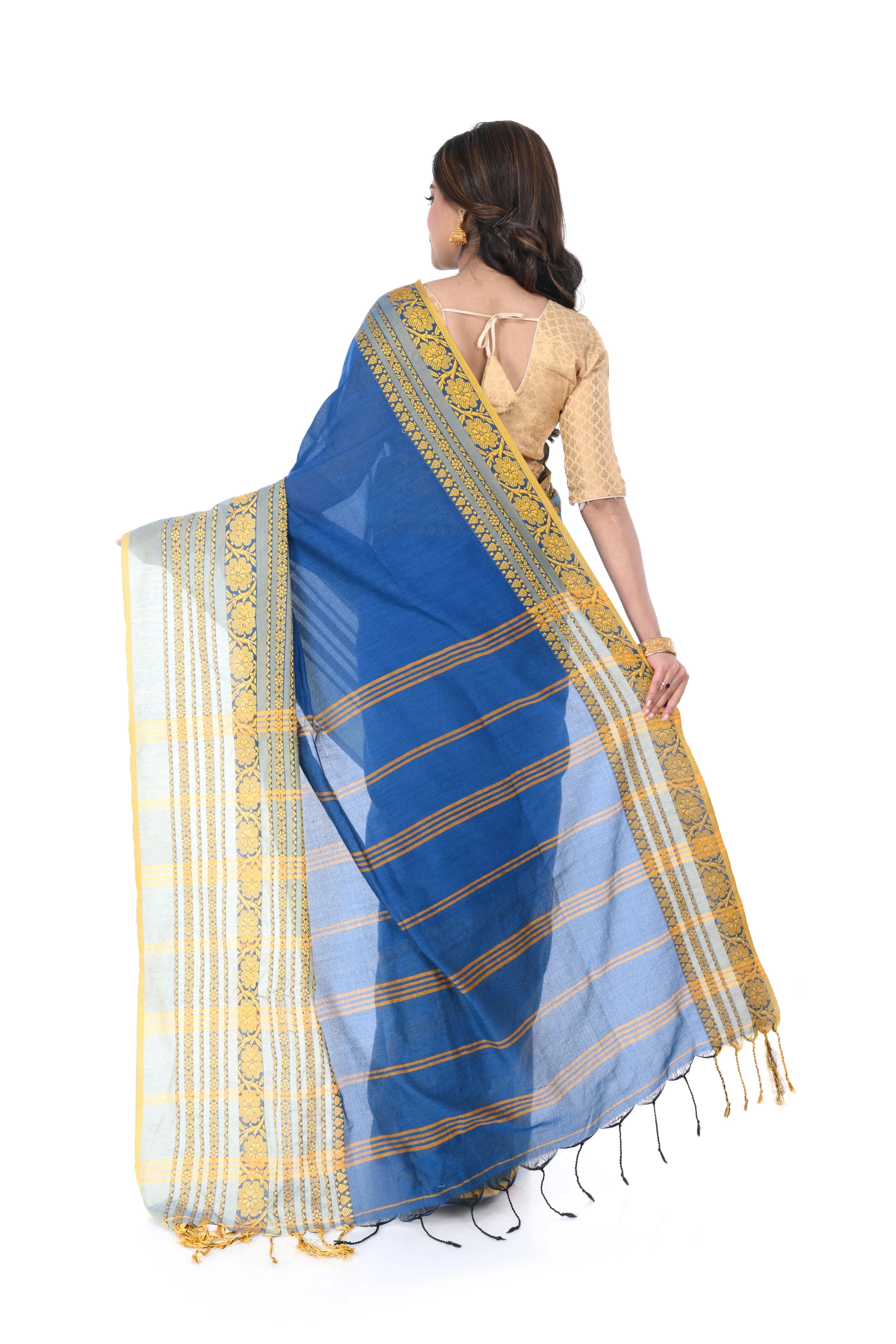 Peacock Blue Cotton Handloom Saree with Muga Par