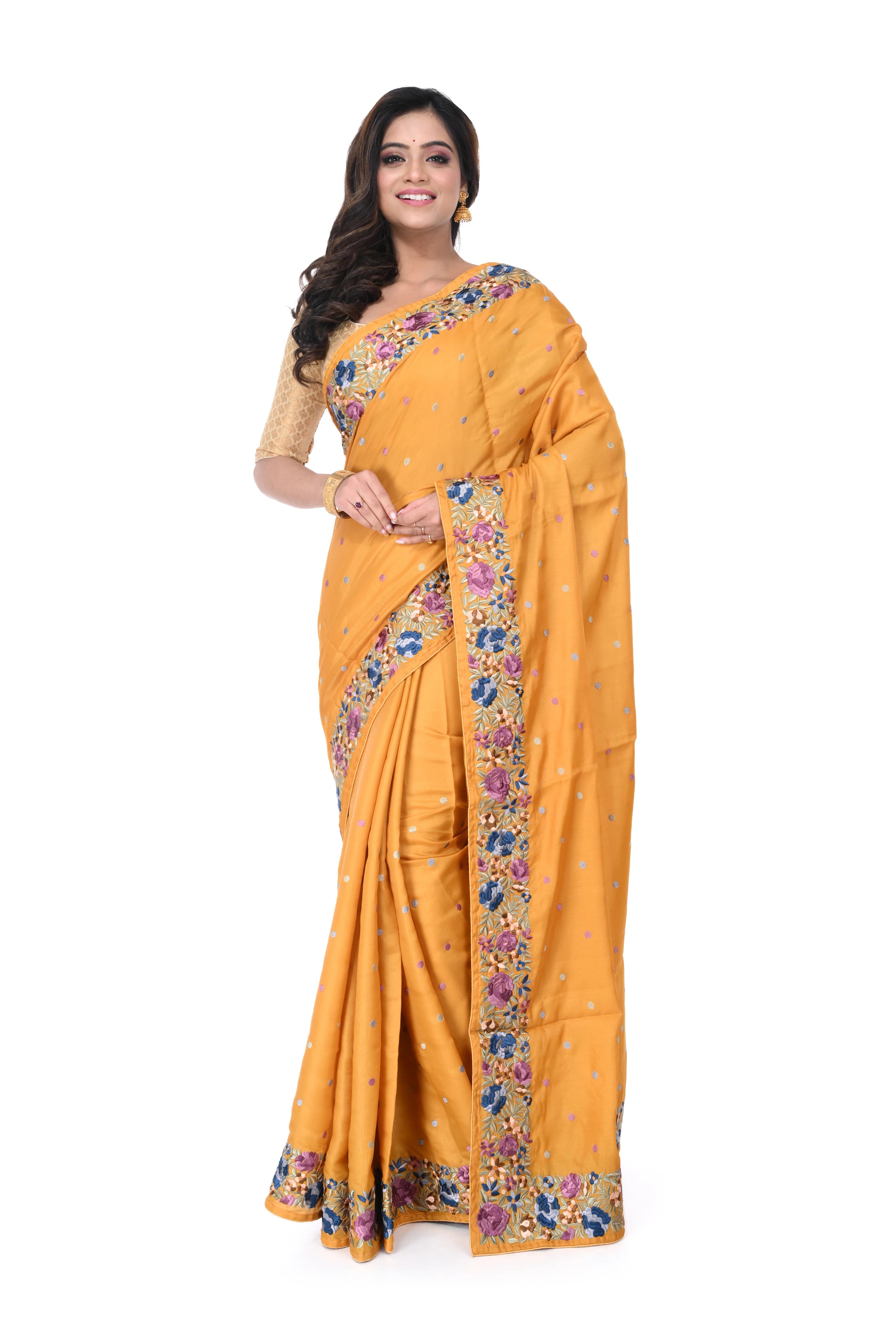 Semi Tussar Saree in Golden Yellow with Parshi Work