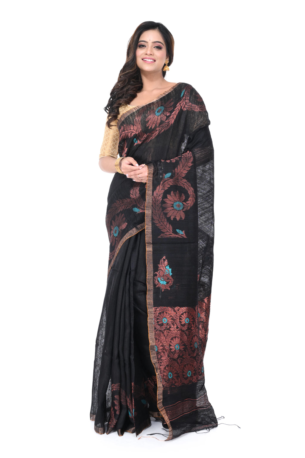 Black Matka Silk Saree with Copper Zari Work