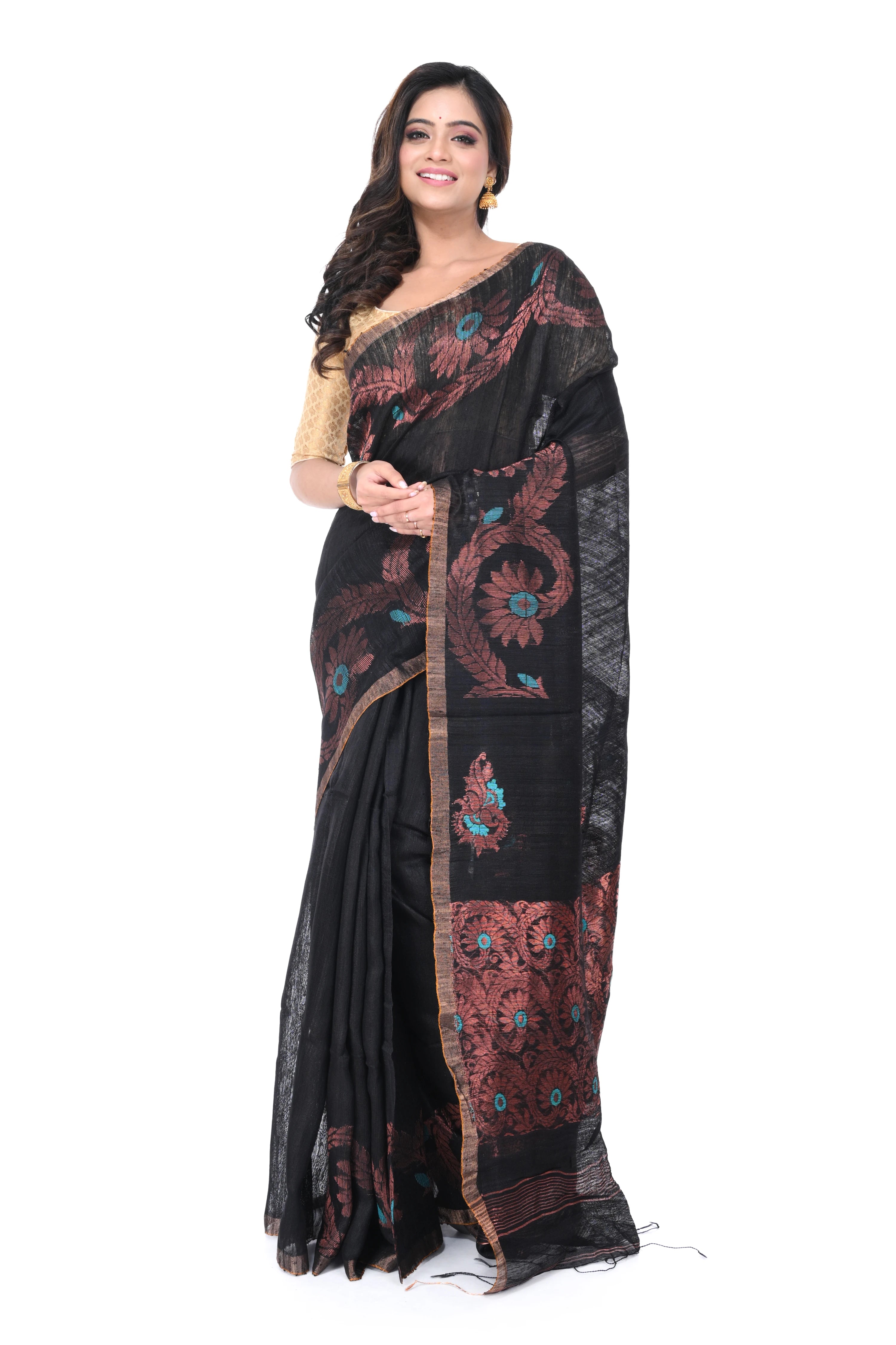 Black Matka Silk Saree with Copper Zari Work