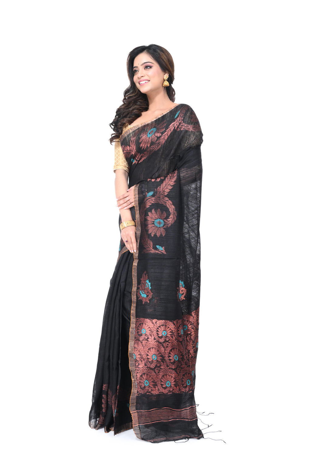 Black Matka Silk Saree with Copper Zari Work
