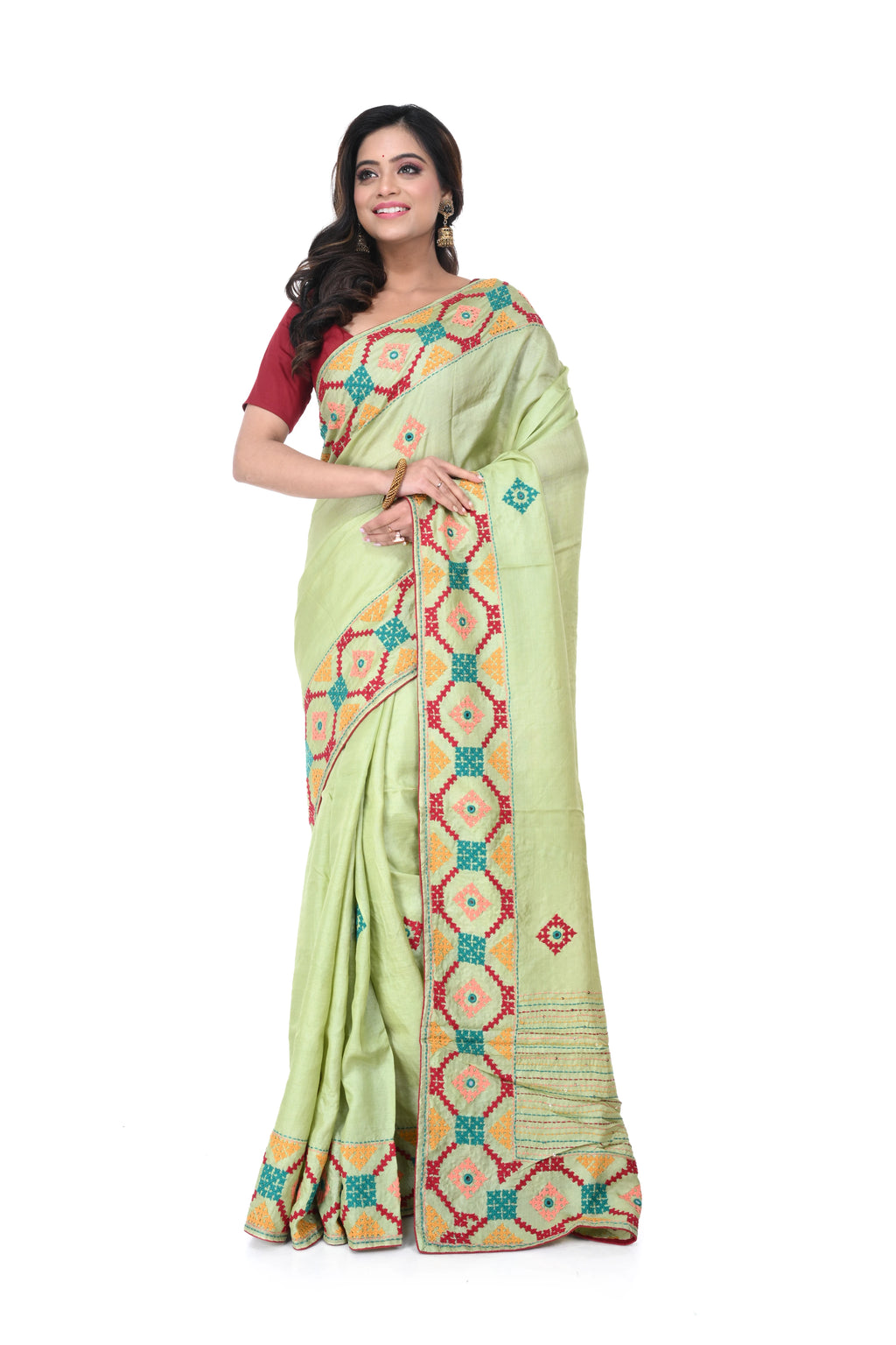 Pista Green Pure Tussar Saree with Hand - Gujarati Work