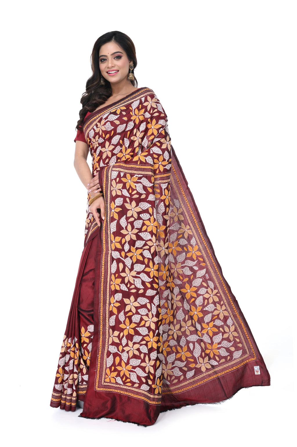 Maroon Pure Silk Kantha Stitch Saree
