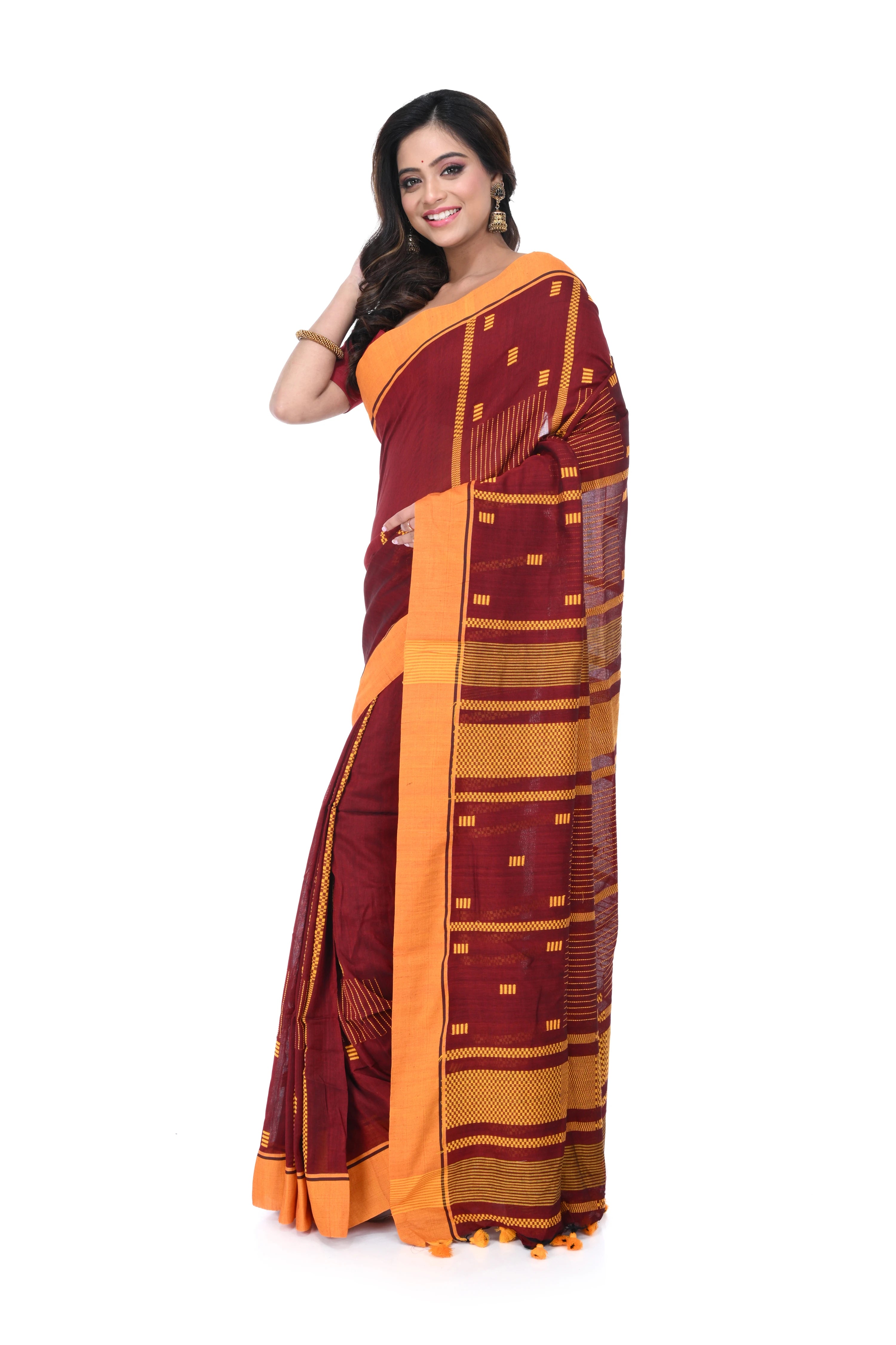 Maroon Handloom Saree with Yellow Border