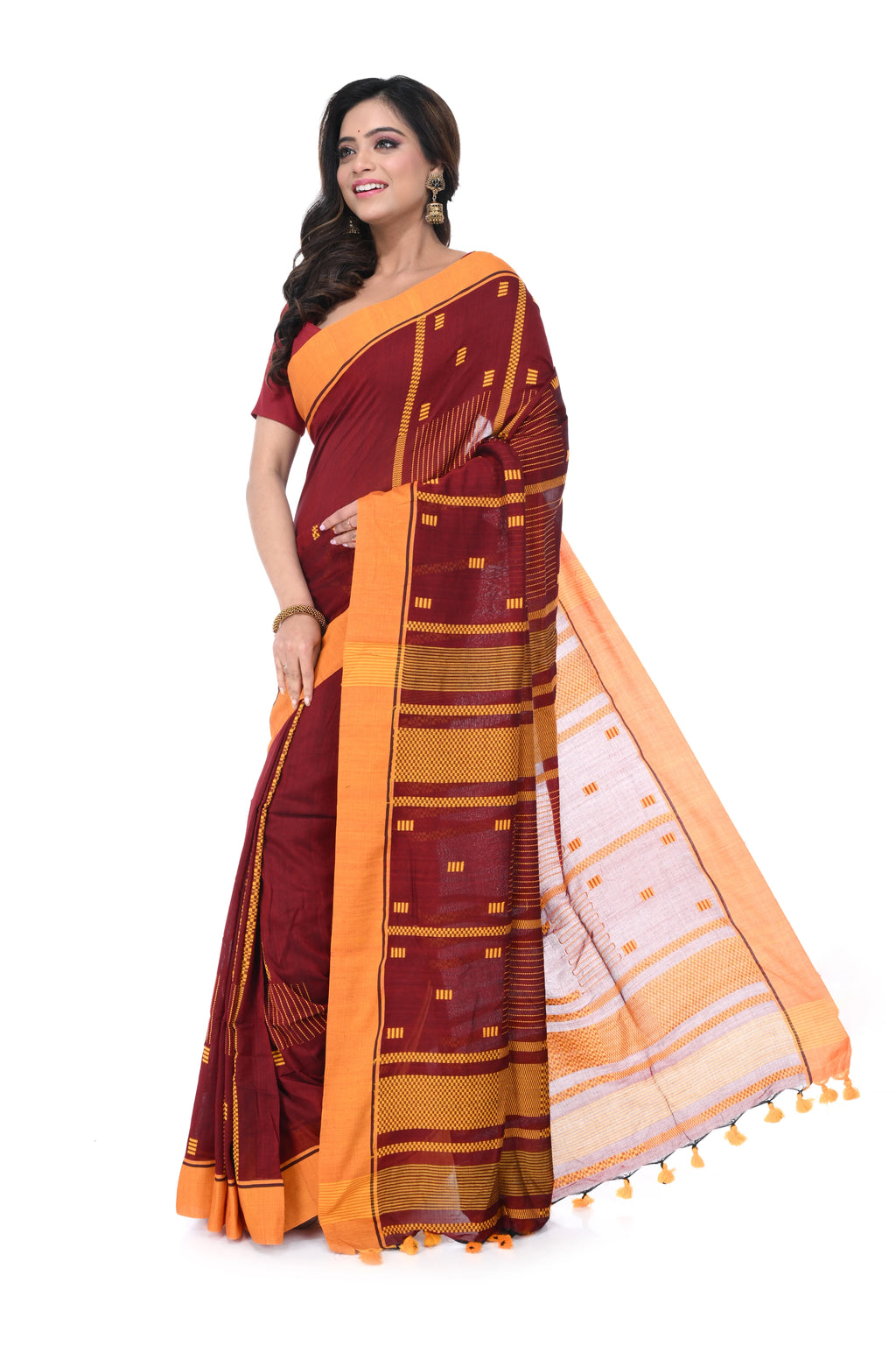 Maroon Handloom Saree with Yellow Border