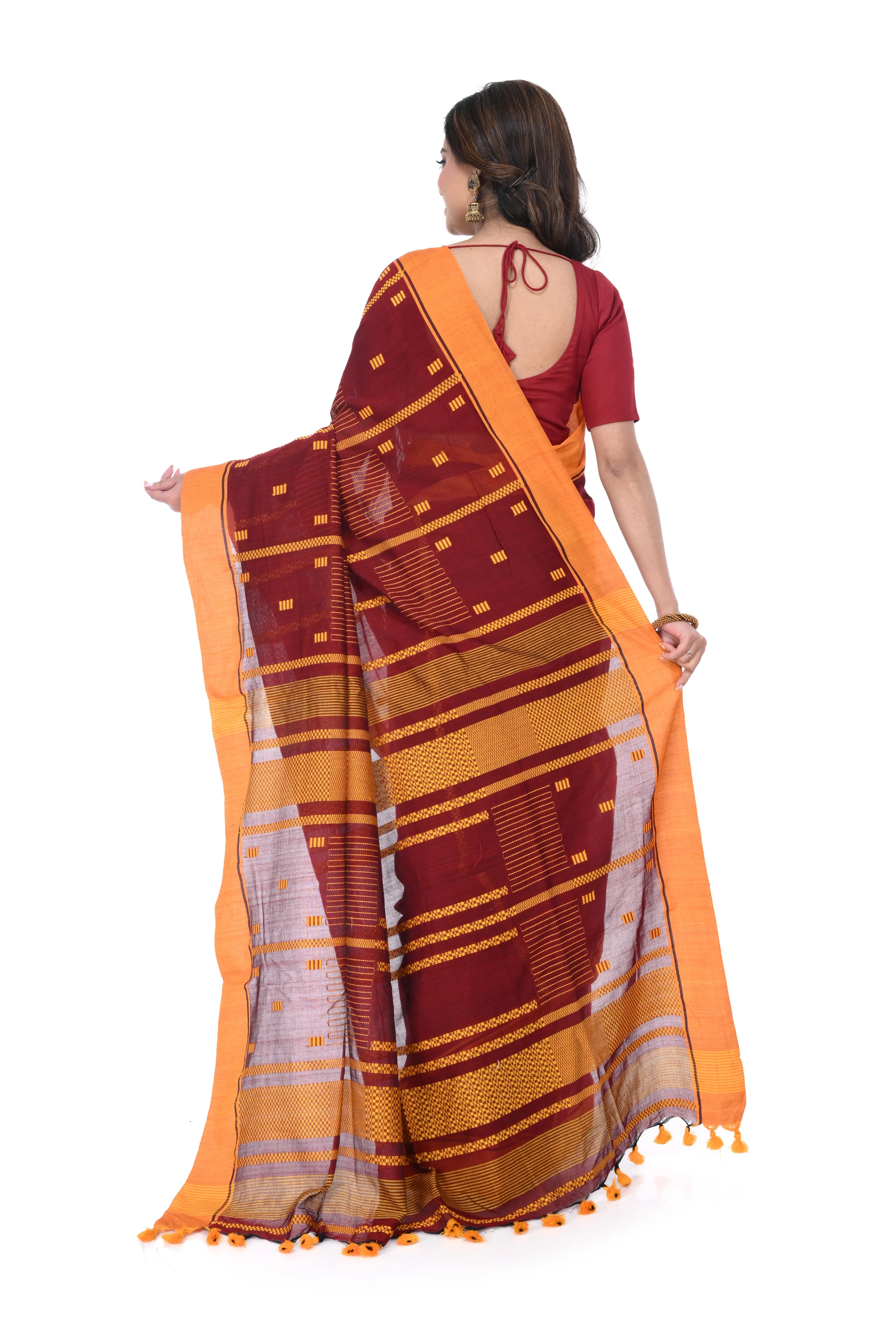Maroon Handloom Saree with Yellow Border