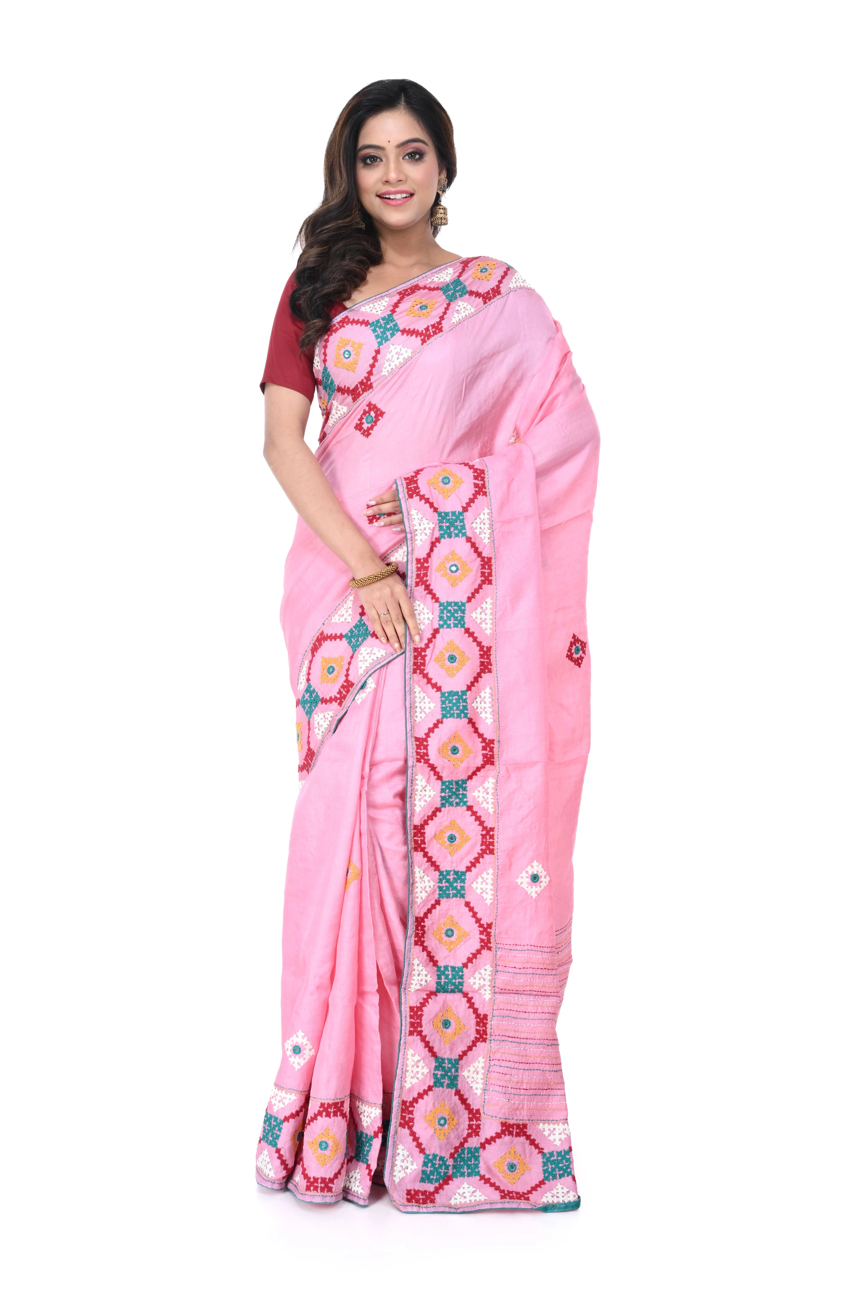 Soft Pink Pure Tussar Saree with Gujarati Work