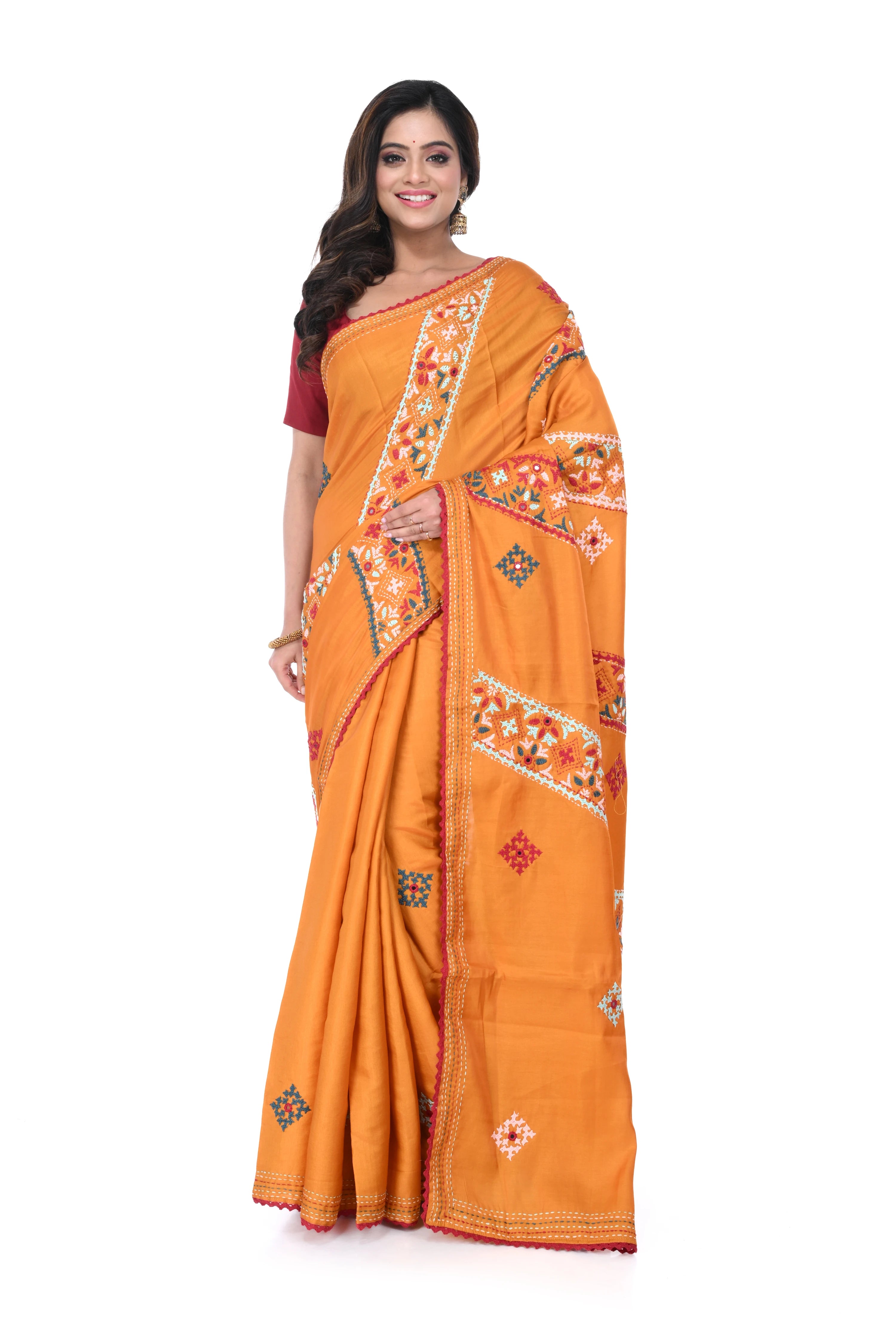 Light Orange Semi Tussar Saree with Hand Work