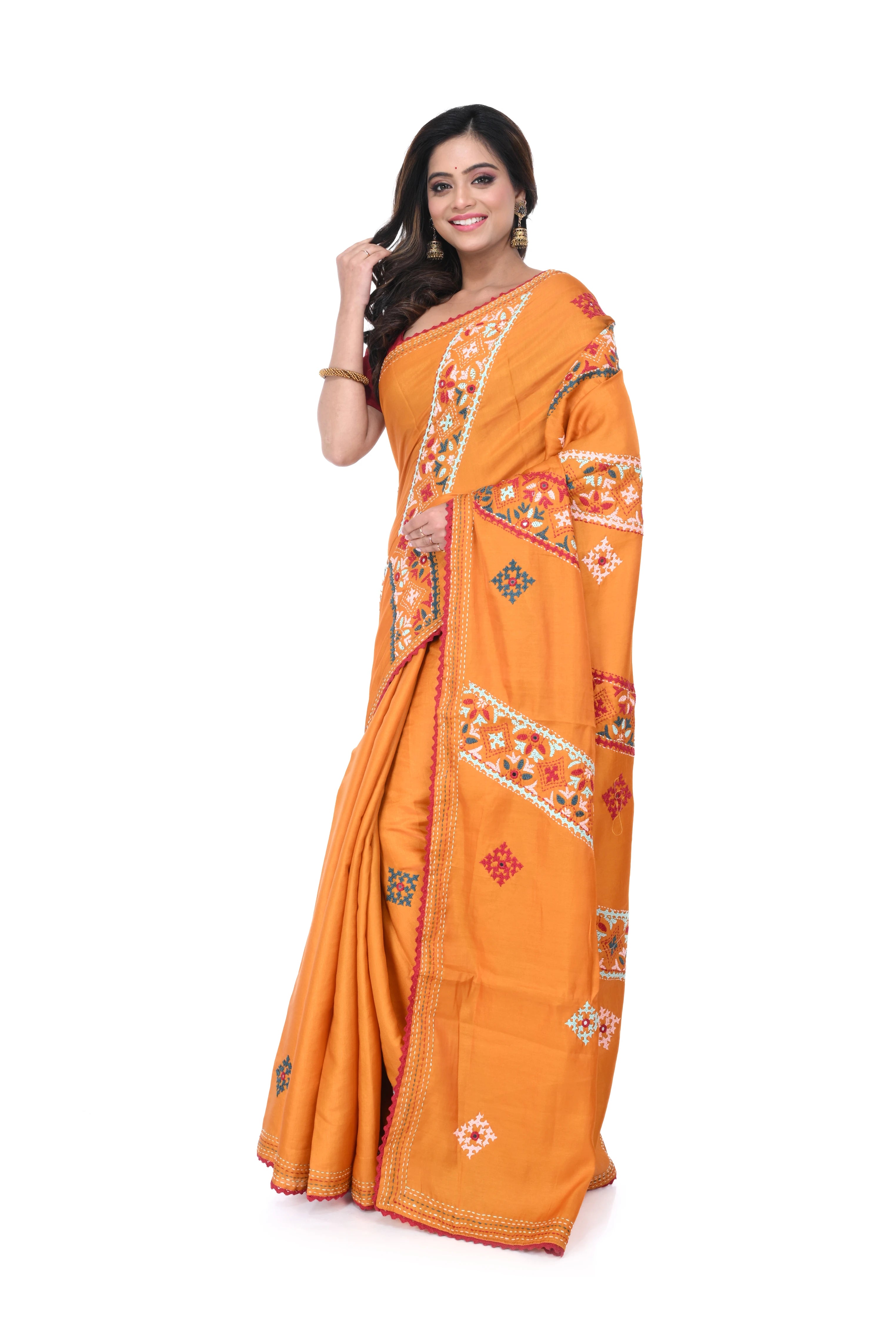 Light Orange Semi Tussar Saree with Hand Work