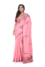 Pink Semi Tussar Saree with Heavy Hand Work on Pallu & Border