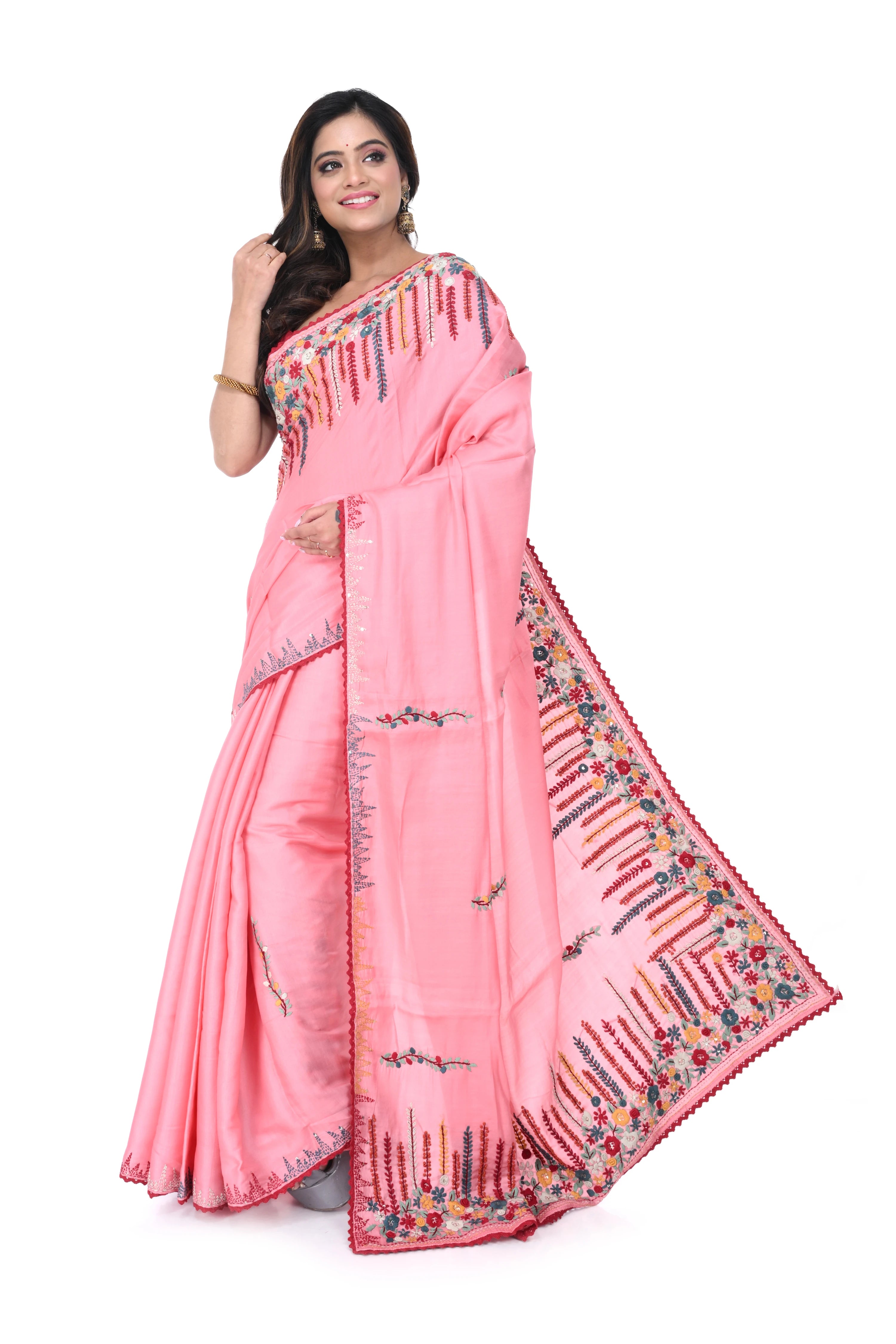 Pink Semi Tussar Saree with Heavy Hand Work on Pallu & Border