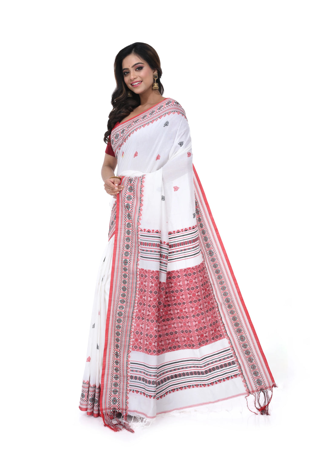 Red & White Cotton Handloom Saree with Red Pallu